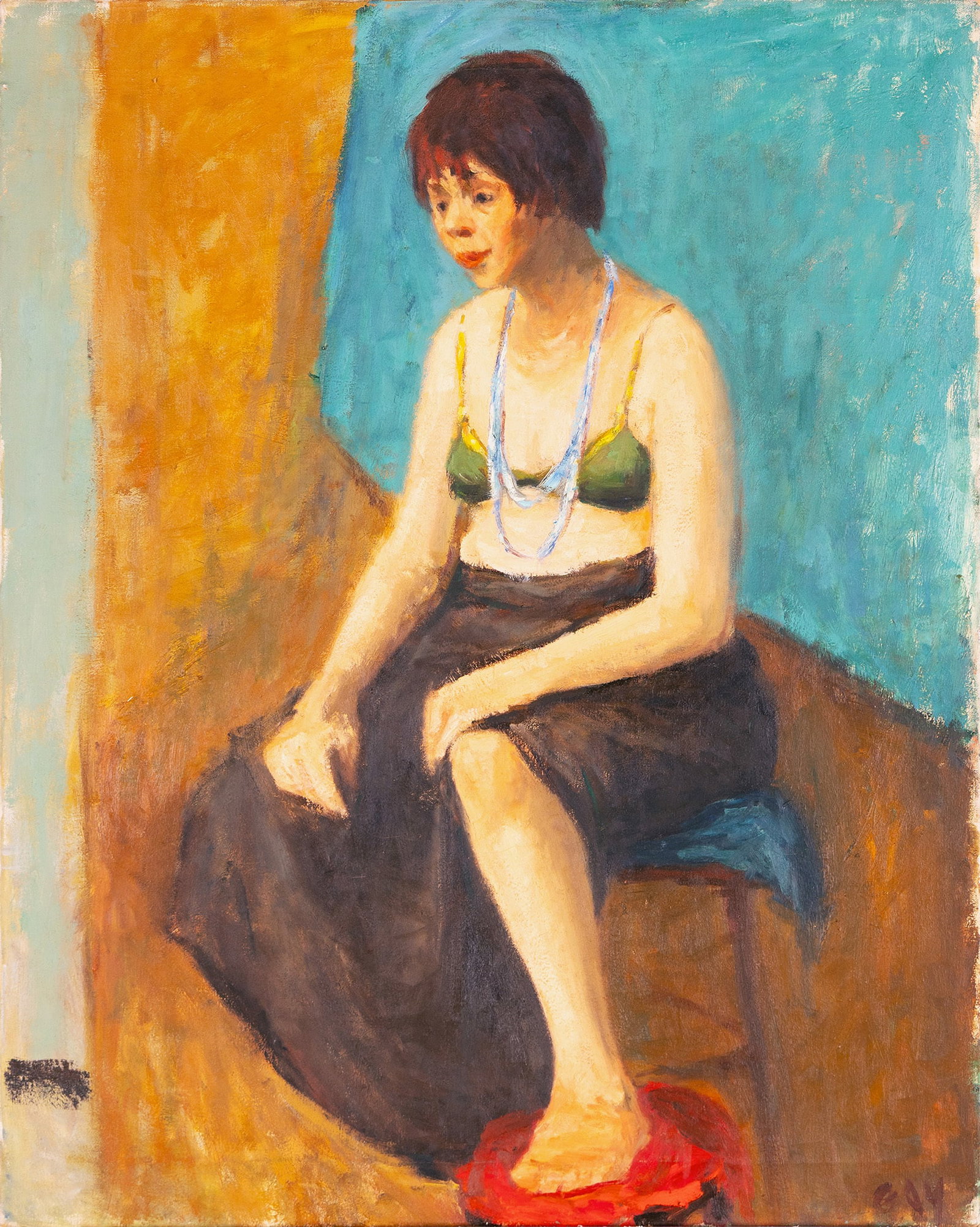 VIRGINIA 'TITO' GAY (AMERICAN (ST. LOUIS), 1932-2024): Virginia 'Tito' Gay American (St. Louis), 1932-2024 Model in Green Oil on canvas Signed lower right. Portrait of a seated model in a green bra, unframed. Tito attended Washington University where sh