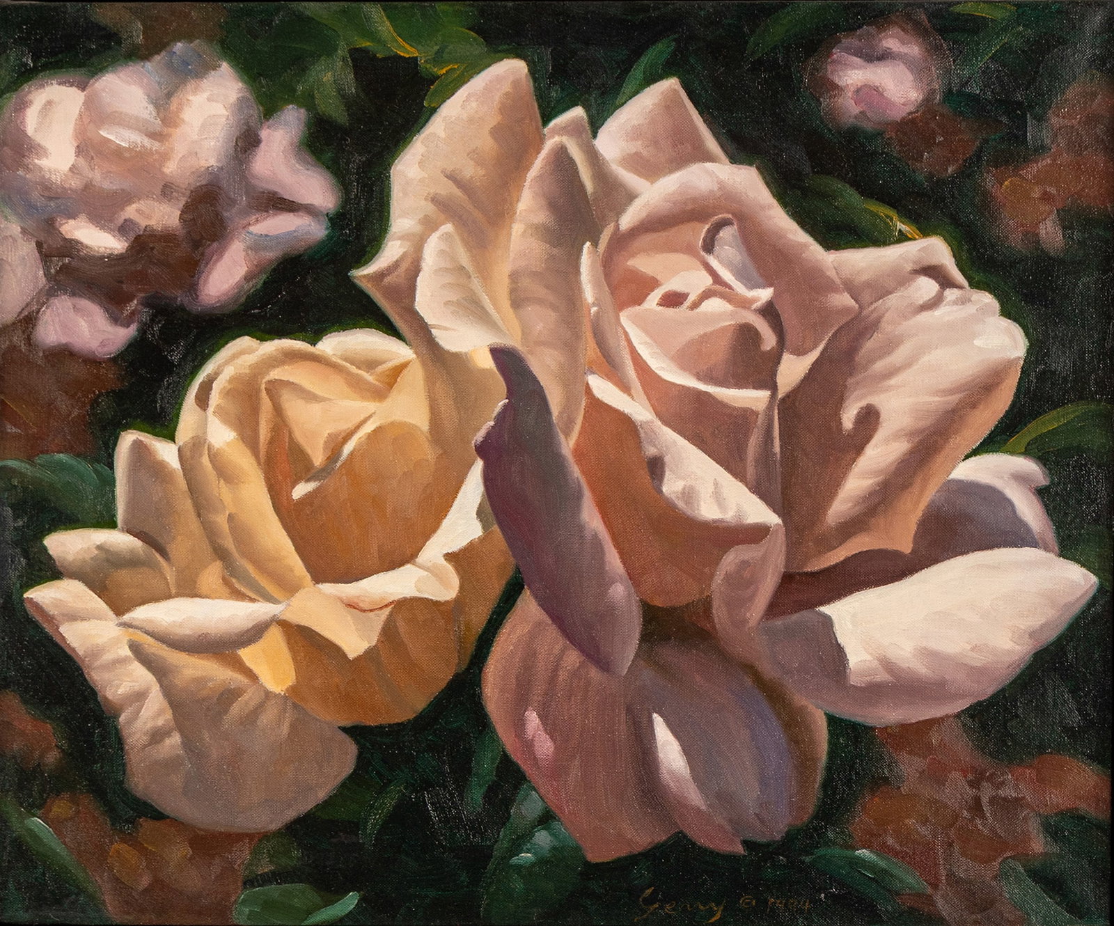 FLORAL STILL LIFE, SIGNED 'GERRY': FLORAL STILL LIFE, SIGNED 'GERRY' Signed and dated 1994 lower center. Floral still life, framed. 20 1/2 x 24 in. (52.1 x 61 cm.), Frame: 31 x 35 in. (78.7 x 88.9 cm.) Ex Collection of Northland Colleg