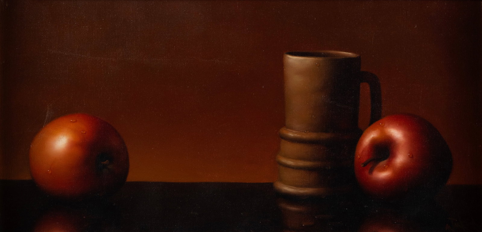 ALFRED JACKSON (AMERICAN, 1940-2001): Alfred Jackson American, 1940-2001 Oil on canvas Signed lower right. Still life of two apples and stein. 12 x 24 in. (30.5 x 61 cm.), Frame: 20 x 32 in. (50.8 x 81.3 cm.)