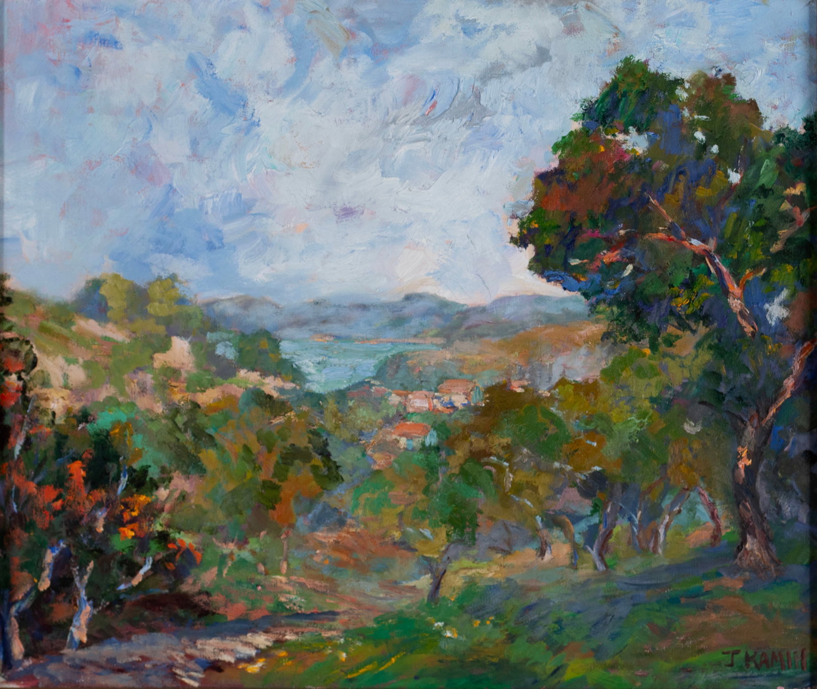 JACQUELINE KAMIN (AMERICAN, B. 1950): Jacqueline Kamin American, b. 1950 Oil on canvas Signed lower right. Impressionist landscape, framed. 16 x 20 in. (40.6 x 50.8 cm.), Frame: 25 1/2 x 29 1/2 in. (64.8 x 74.9 cm.) Ex Collection of North