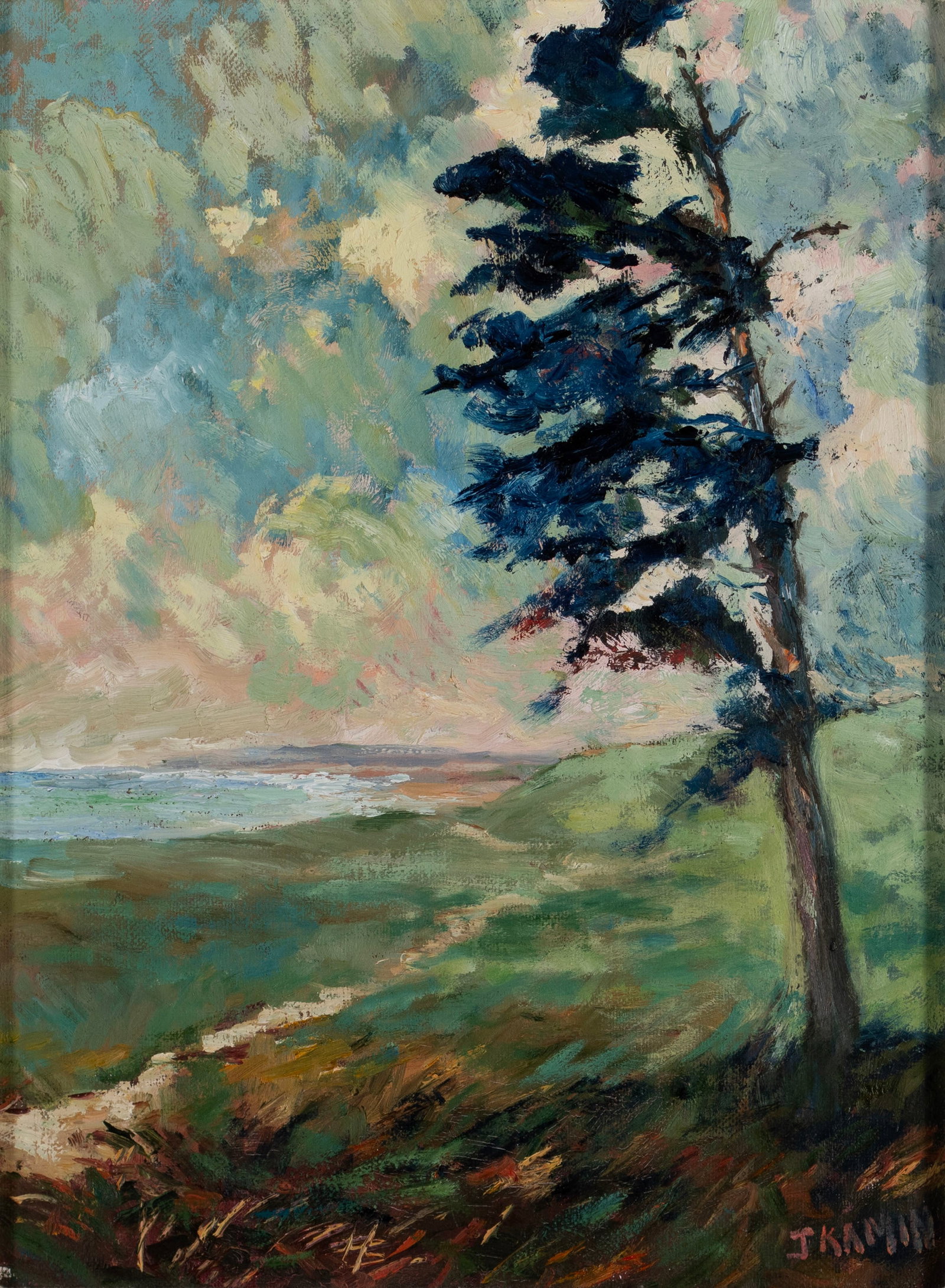 JACQUELINE KAMIN (AMERICAN, B. 1950): Jacqueline Kamin American, b. 1950 Oil on canvas Signed lower right and to verso. Impressionist coastal landscape with single tree, framed. 16 x 12 in. (40.6 x 30.5 cm.), Frame: 27 1/2 x 23 1/2 in. (6