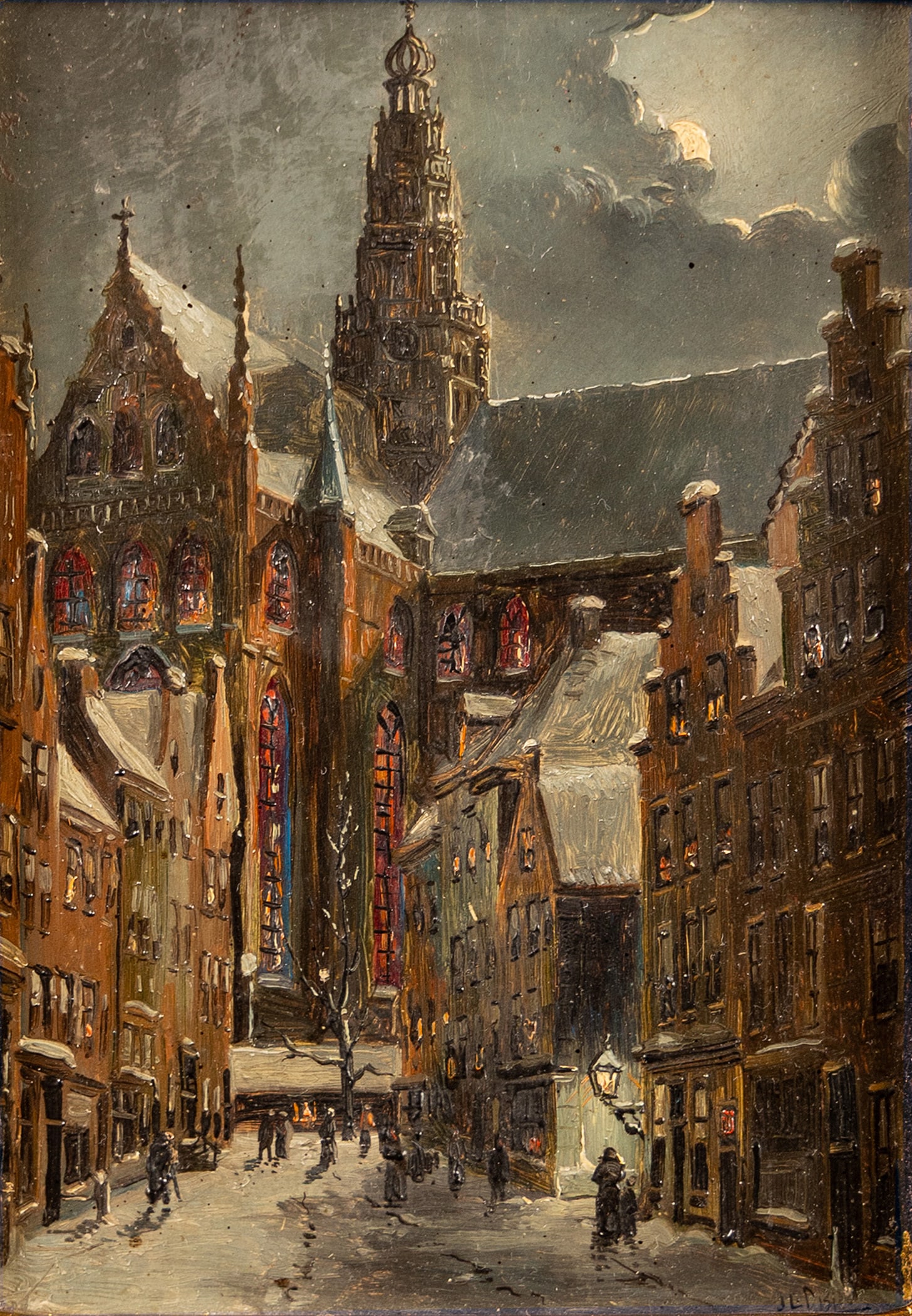 JACOBUS LAMBERTUS DISPO SR (DUTCH, 1890-1964): Jacobus Lambertus Dispo Sr Dutch, 1890-1964 Oil on board Signed lower right. Cityscape with a large church in the background with figures walking the snowy streets, gilt frame. 6.70 x 4.79 in. (17 x