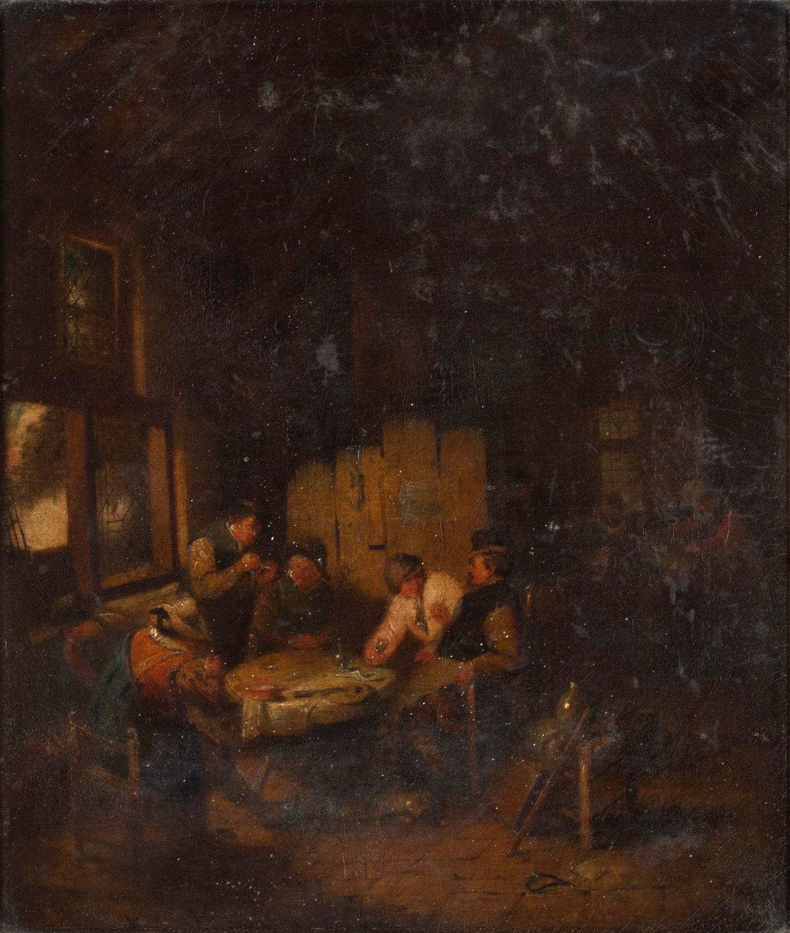 DUTCH SCHOOL GENRE SCENE: DUTCH SCHOOL GENRE SCENE 18th century, oil on canvas, unsigned. Tavern scene with group of men around a table, figures in background, framed. 17 3/4 x 15 3/4 in. (45.1 x 40 cm.), Frame: 24 1/4 x 21 3/
