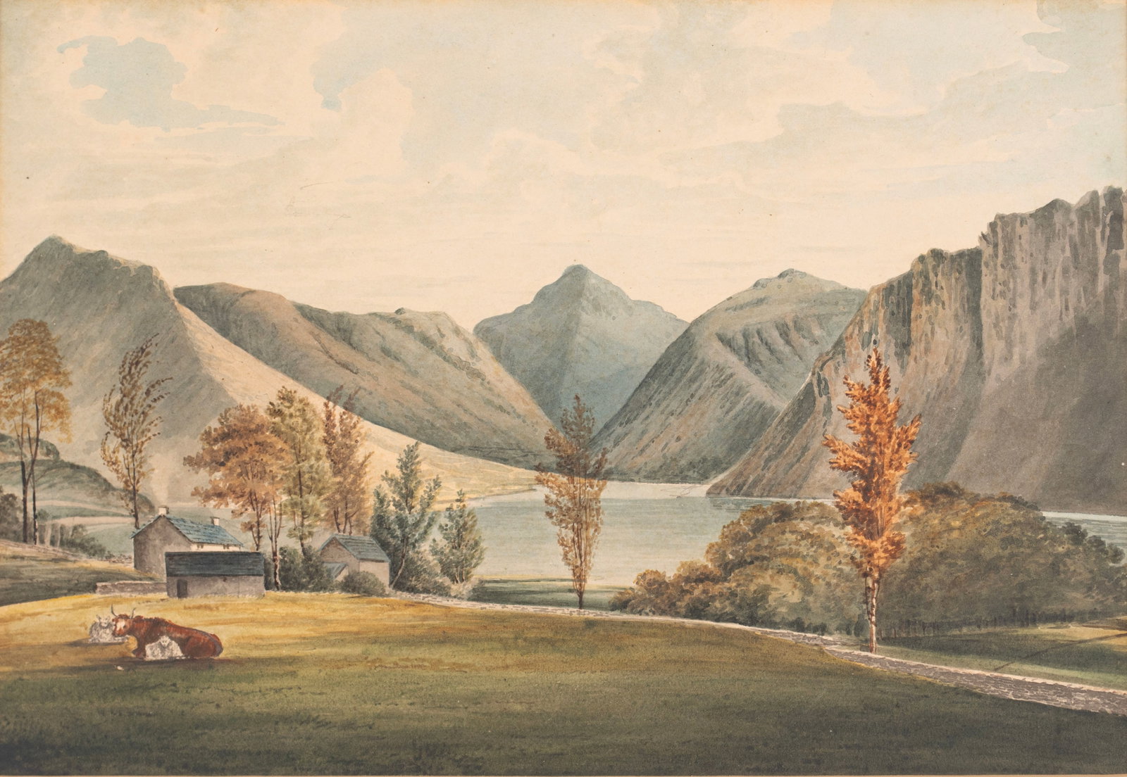 LANDSCAPE WATERCOLOR IN THE MANNER OF J.M.W TURNER: LANDSCAPE WATERCOLOR IN THE MANNER OF J.M.W TURNER 19th Century, mountain landscape with farm scene on lakefront with bull and sheep. Plaque to frame "J. W. Turner". 10 x 13 3/4 in. (25.4 x 34.9