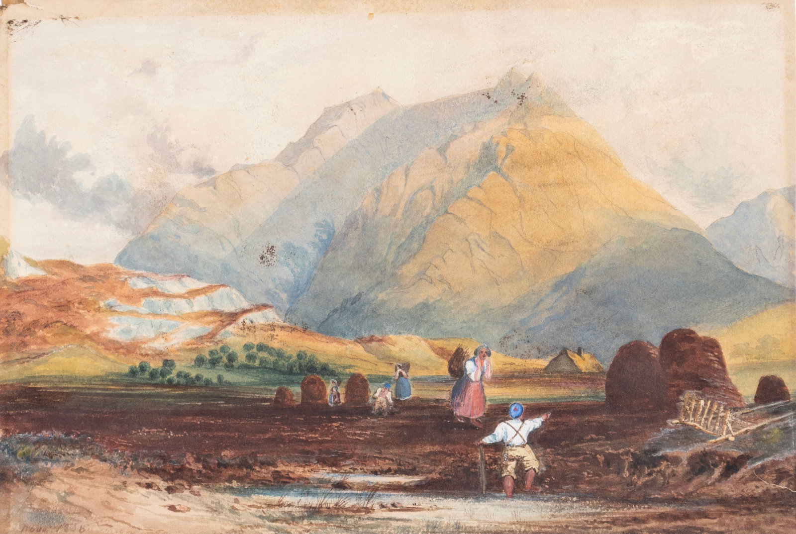 LANDSCAPE WATERCOLOR IN THE MANNER OF J.M.W. TURNER: LANDSCAPE WATERCOLOR IN THE MANNER OF J.M.W. TURNER Dated 1846 to lower left corner, figures during harvest within view of mountains. 8 1/2 x 12 1/2 in. (21.5 x 31.7 cm.), Frame: 24 1/2 x 28 1/2 in.
