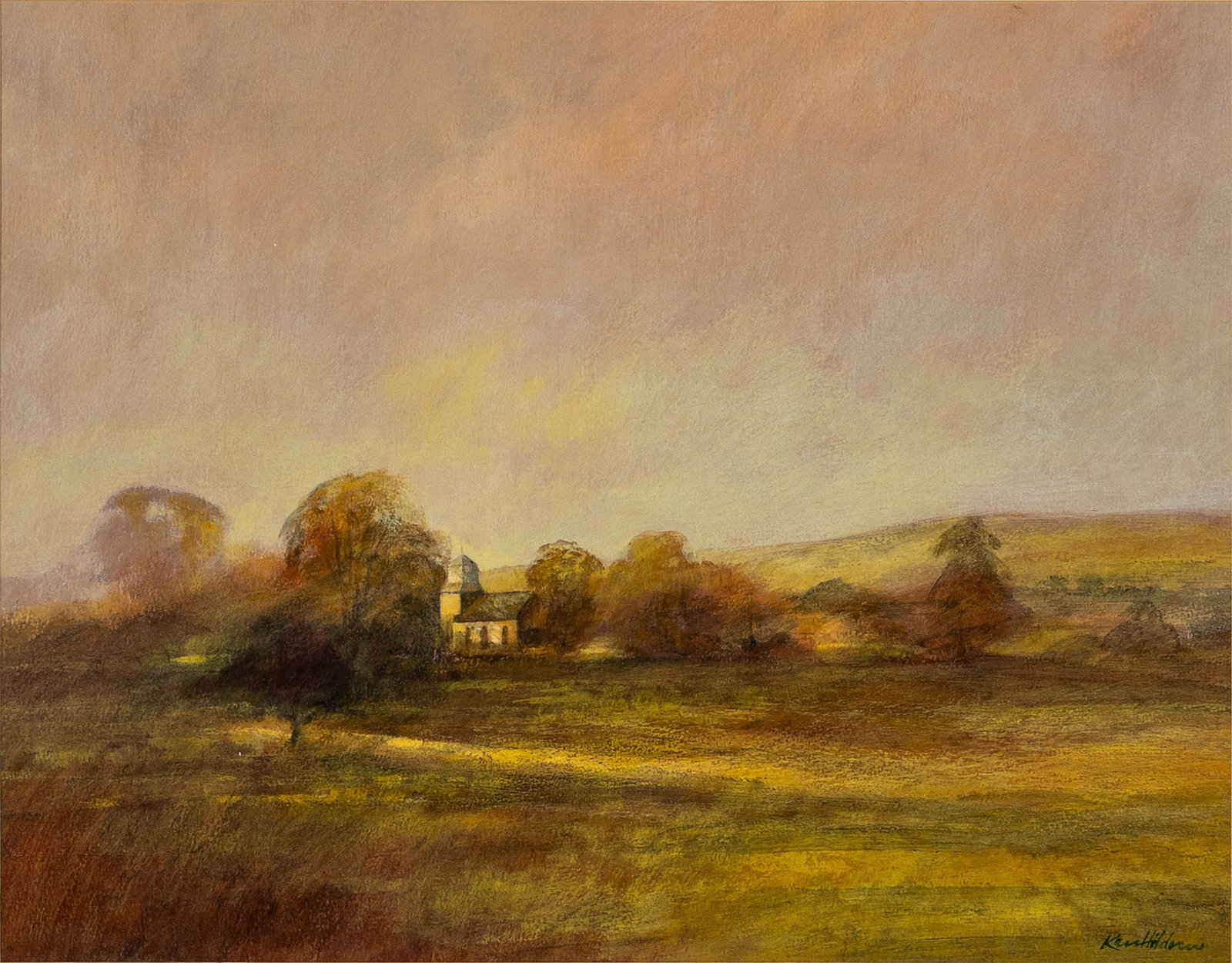 KEN HILDREW (ENGLISH, B. 1934): Ken Hildrew English, b. 1934 Oil on board Signed lower right. English landscape with church, framed under glass. Sight: 19 3/4 x 25 3/4 in. (50.2 x 65.4 cm.), Frame: 34 3/4 x 40 1/2 in. (88.3 x 102.9