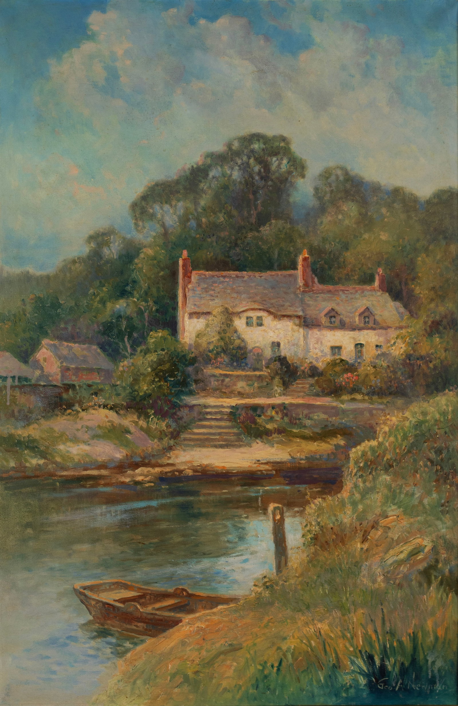 GEORGE A. NEWMAN (AMERICAN, 1875-1965): George A. Newman American, 1875-1965 Oil on canvas Signed lower right. Summer landscape with country house on a river, framed with partial Philadelphia gallery label to verso. 36 x 24 in. (91.4 x 61 c