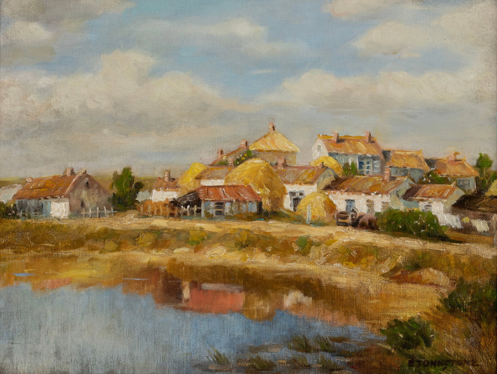 EUROPEAN VILLAGE SCENE, SIGNED: EUROPEAN VILLAGE SCENE, SIGNED 21st century, oil on canvas, signed 'E Johnstone' lower right. Country village scene, framed. 12 x 16 in. (30.5 x 40.6 cm.), Frame: 22 x 26 in. (55.9 x 66 cm.) Ex