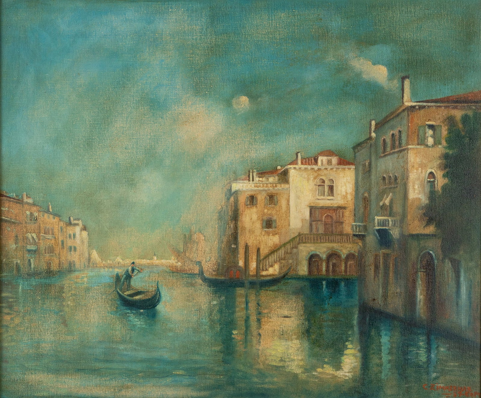 CARL ZIMMERMAN (AMERICAN, 1900-1985): Carl Zimmerman American, 1900-1985 Oil on canvas mounted to board Signed and dated 39 lower right. Venice canal scene, framed. 20 x 24 in. (50.8 x 61 cm.), Frame: 23 1/2 x 27 1/2 in. (59.7 x 69.9 cm.)