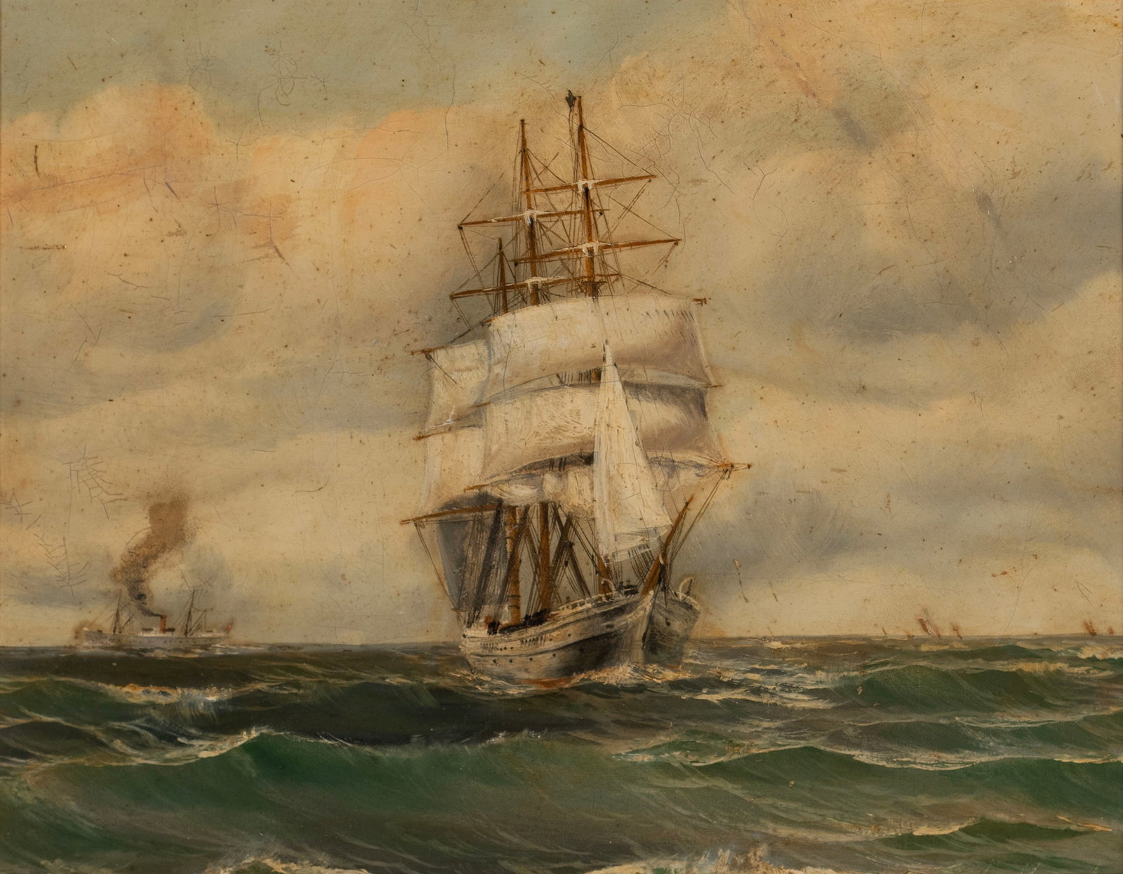 SEASCAPE WITH SHIPS: SEASCAPE WITH SHIPS Early 20th century, oil on canvas mounted to wood panel, unsigned. Masted ship at sea with some steam ships in background, framed. 15 x 19 in. (38.1 x 48.3 cm.), Frame: 23 x 27