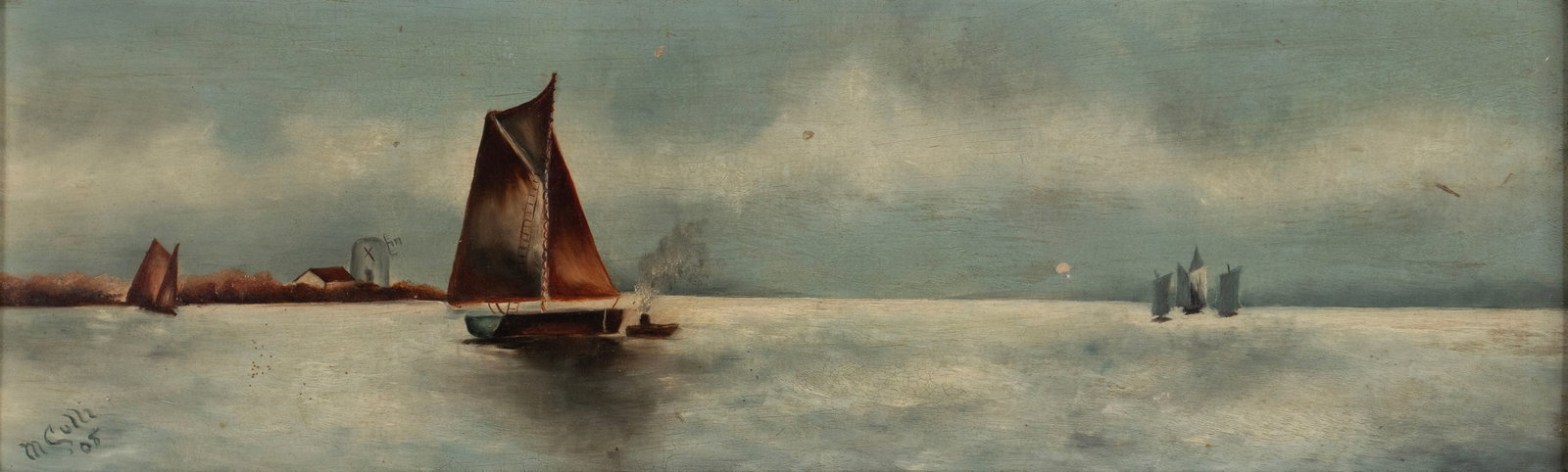 SEASCAPE, EARLY 20TH CENTURY: SEASCAPE, EARLY 20TH CENTURY Oil on board, signed and dated 'M Culli 08' lower left. Several sailboats offshore, framed. 5 1/4 x 16 1/4 in. (13.3 x 41.3 cm.), Frame: 8 x 19 1/2 in. (20.3 x 49.5 cm.)