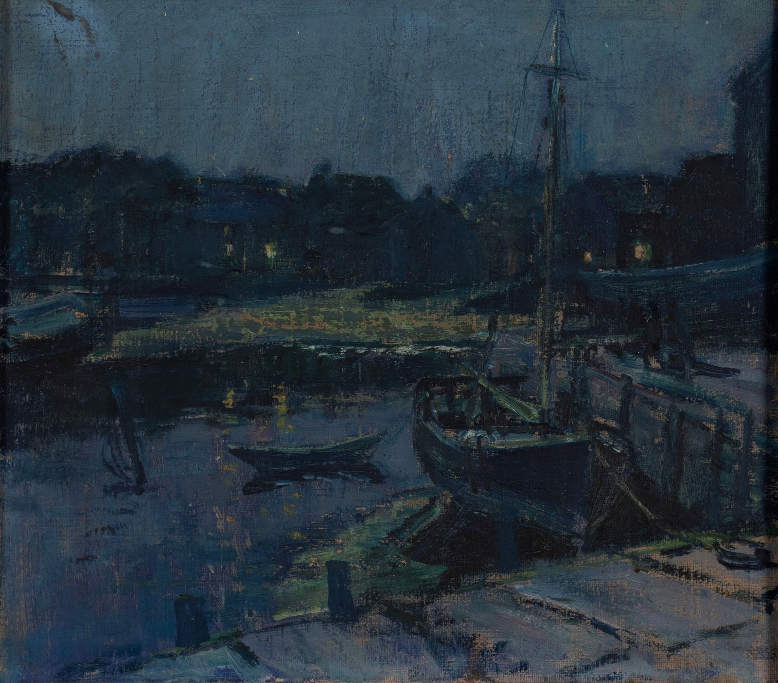 THOMAS BARNETT (AMERICAN, 1870-1929): Thomas Barnett American, 1870-1929 Moonlit Harbor Oil on board Identified on gallery label to verso. Night scene with boats at harbor, framed. 14 x 16 in. (35.6 x 40.6 cm.), Frame: 20 1/4 x 22 1/4