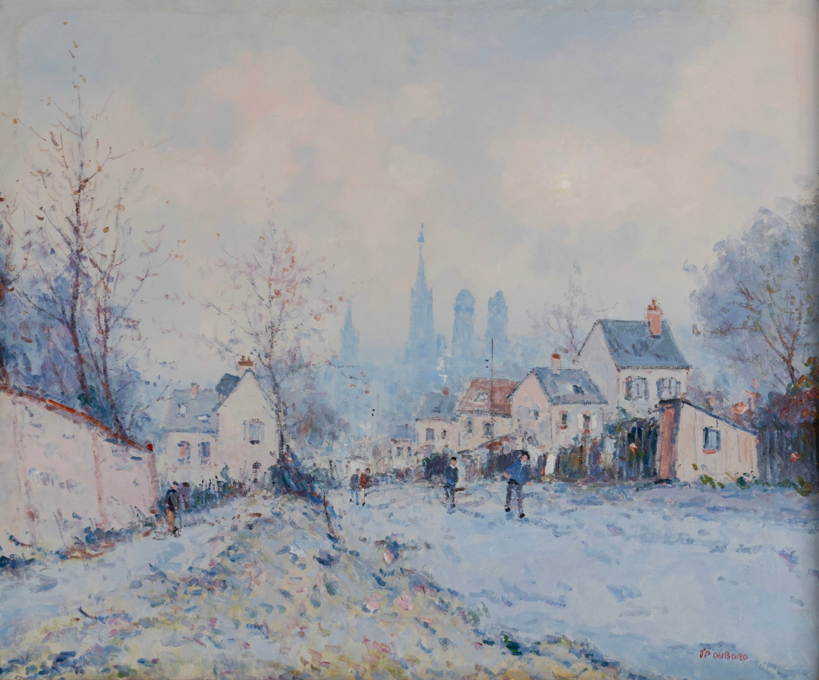 JEAN-PIERRE DUBORD (FRENCH, B. 1949): Jean-Pierre Dubord French, b. 1949 Les Hauteurs de Rouen en hiver Oil on canvas Signed lower right. Winter village scene, framed. 21 x 25 1/2 in. (53.3 x 64.8 cm.), Frame: 26 x 30 1/2 in. (66 x 77.5