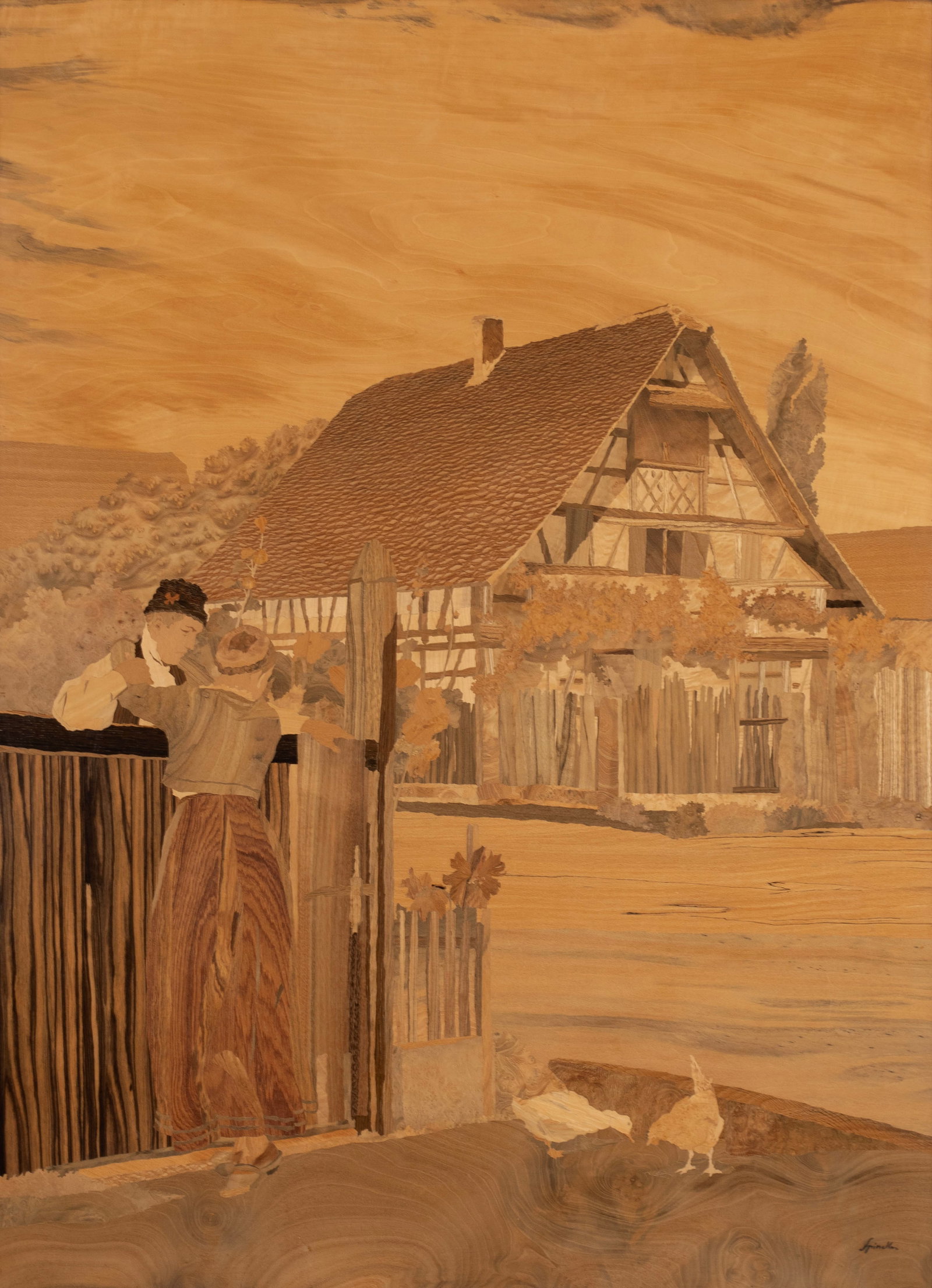 CHARLES SPINDLER (FRENCH, 1865-1938): Charles Spindler French, 1865-1938 Marquetry Signed lower right. Rustic village scene, framed. 47 x 34 1/2 in. (119.4 x 87.6 cm.), Frame: 50 x 37 in. (127 x 94 cm.) The Collection of Mrs. Mary Jane