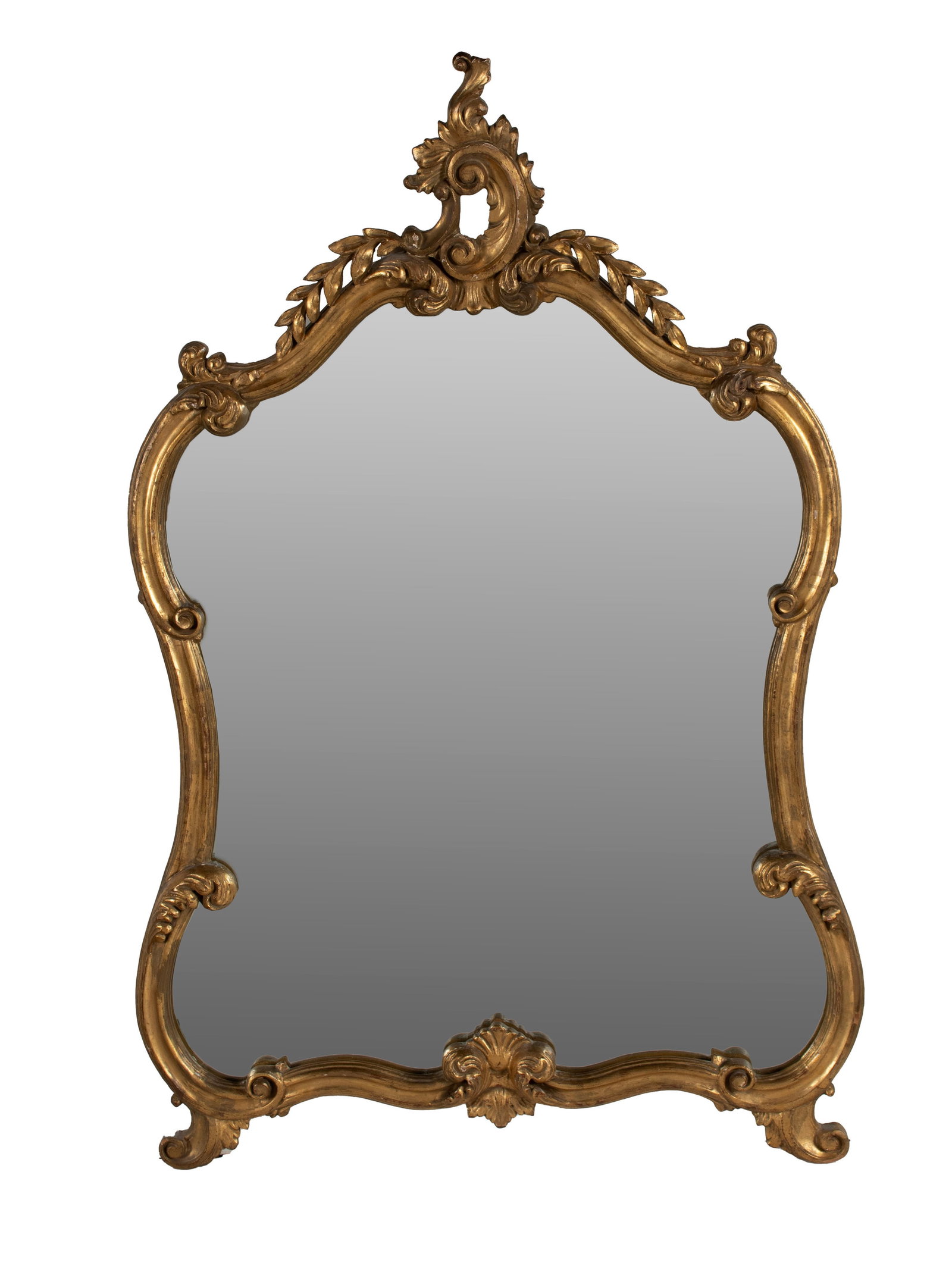 ROCOCO STYLE MIRROR: ROCOCO STYLE MIRROR 20th century. Scrolling frame with C-scroll and foliate crest. 48 1/2 x 32 1/2 in. (123.2 x 82.6 cm.)