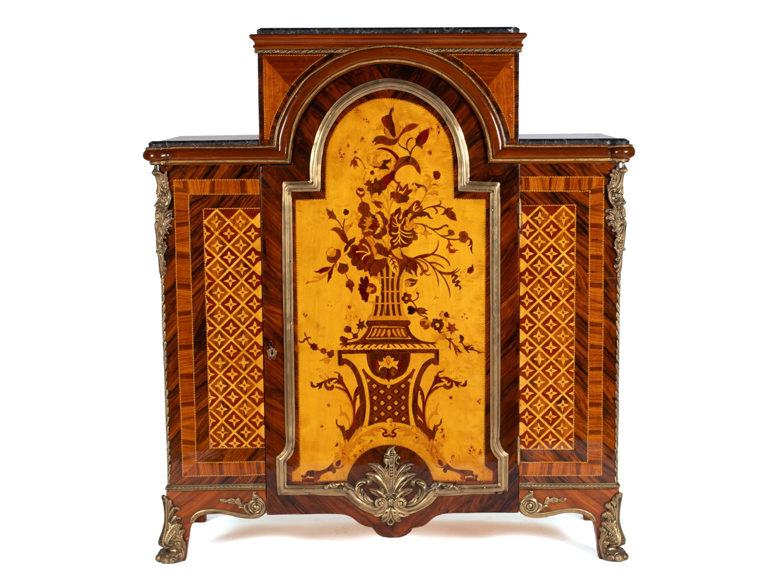 LOUIS XVI STYLE INLAID CABINET: LOUIS XVI STYLE INLAID CABINET Continental, 20th century. Tri-tiered black marble surfaces over the central arched panel door decorated with elaborate marquetry, flanked by geometric marquetry panels,