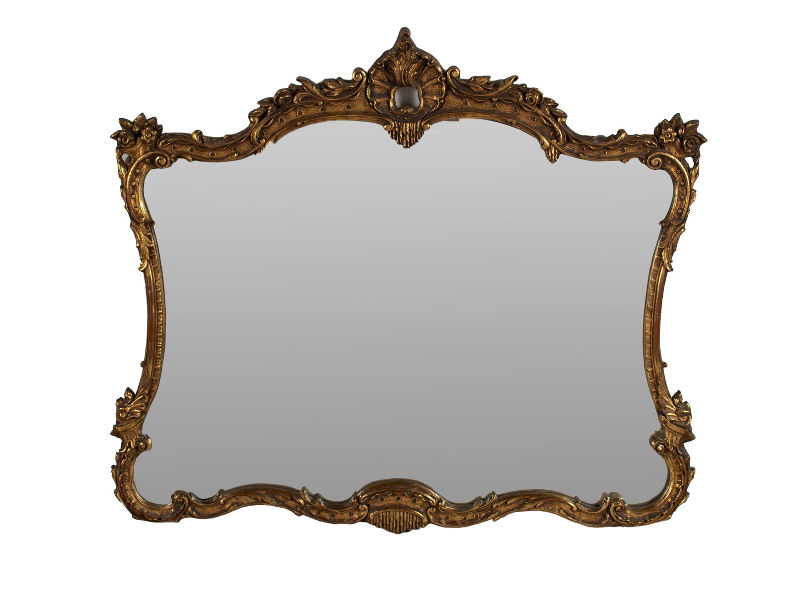 ROCOCO STYLE MIRROR: ROCOCO STYLE MIRROR 20th century. Mirror frame decorated with shells, scrolls, and flowers. 39 x 44 in. (99.1 x 111.8 cm.)