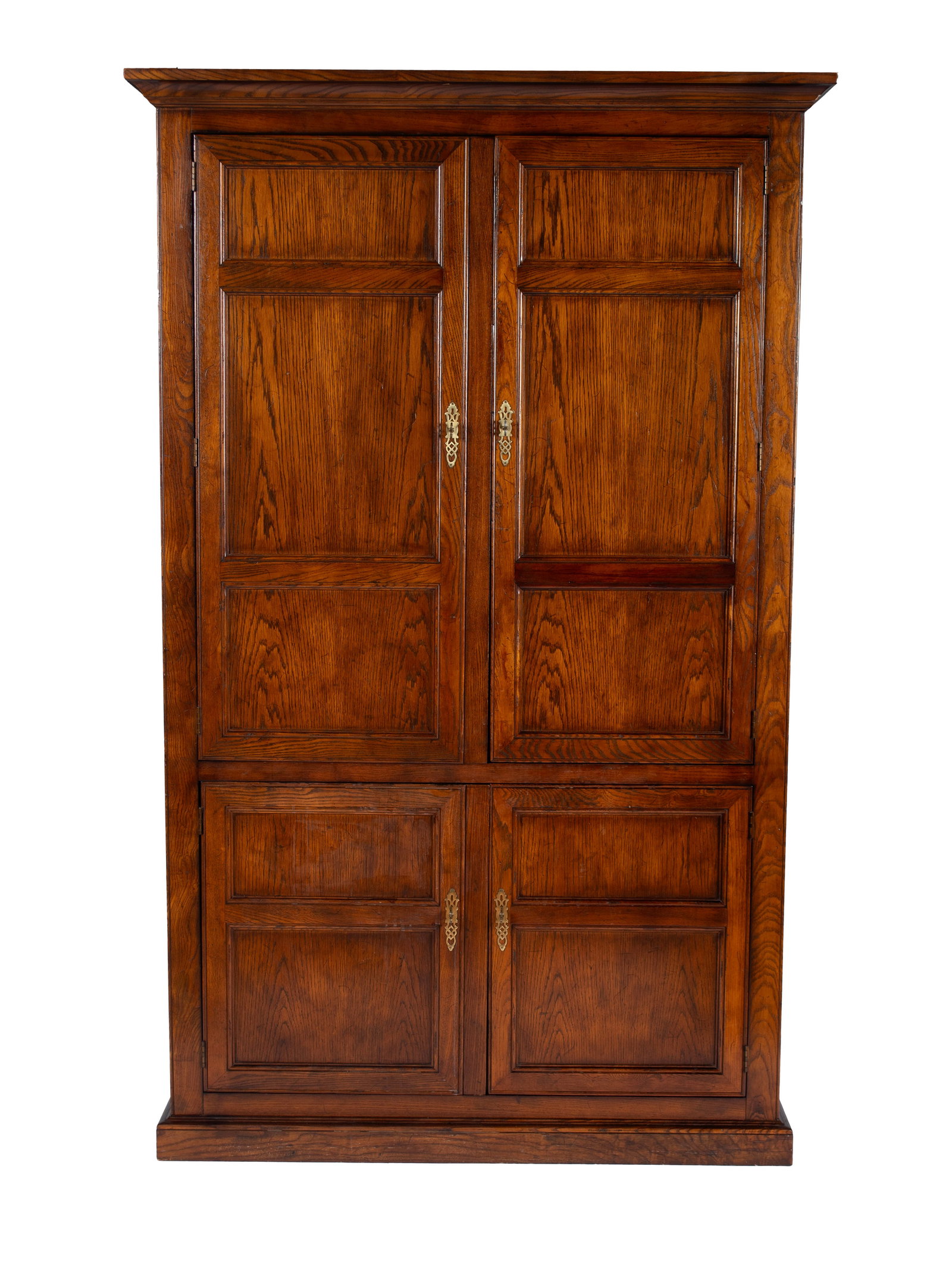 HENREDON OAK CABINET: HENREDON OAK CABINET American, 20th century. Upper paneled doors to open interior fitted with three glass shelves and a lower pull-out surface, lower case with single upper drawer, labeled to