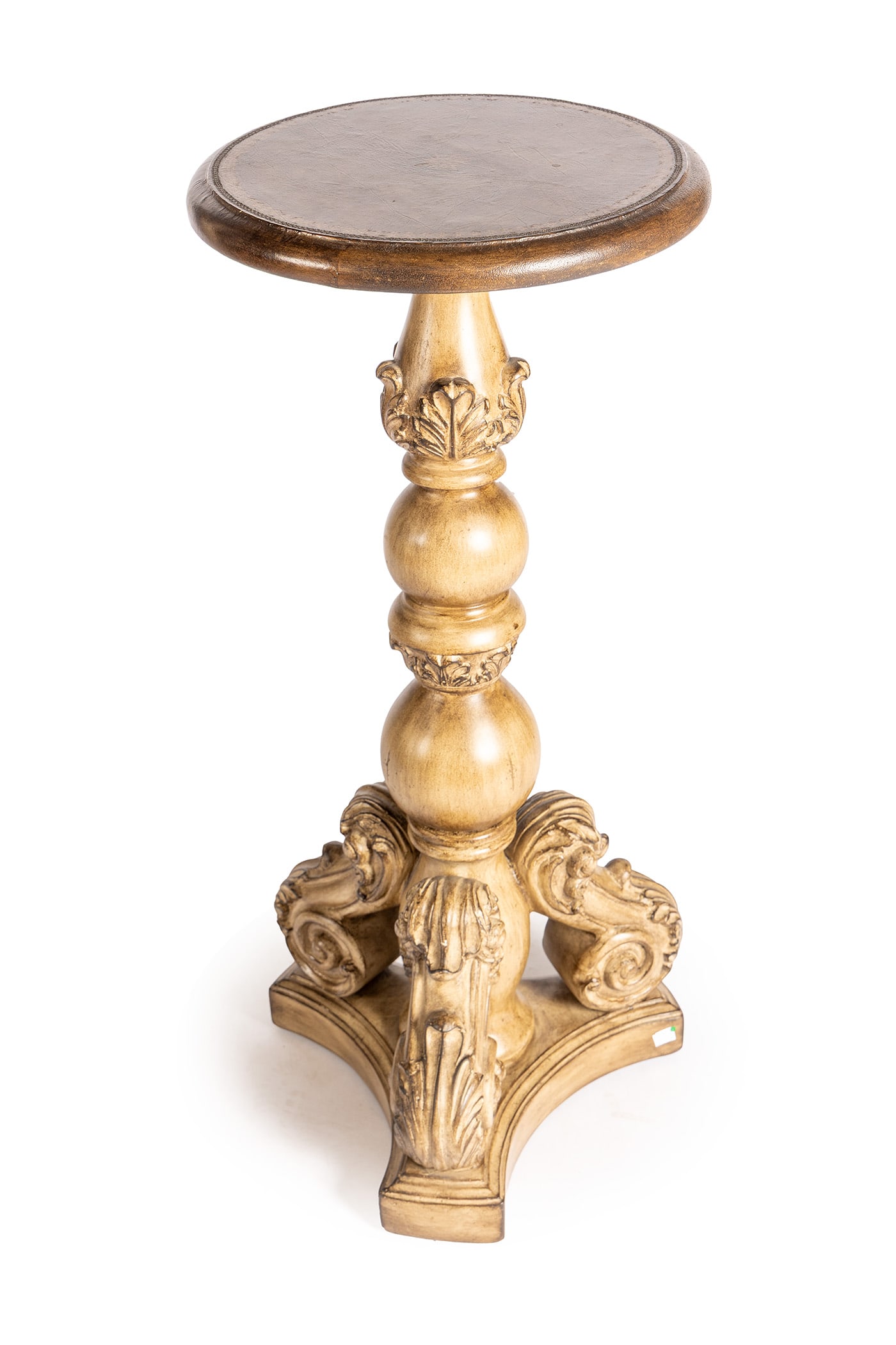BAROQUE STYLE PEDESTAL TABLE: BAROQUE STYLE PEDESTAL TABLE 20th century. Circular leather inset top surface on a bulbous standard, scrolled feet and a tripod base. 37 1/2 x 16 in. (95.3 x 40.6 cm.)