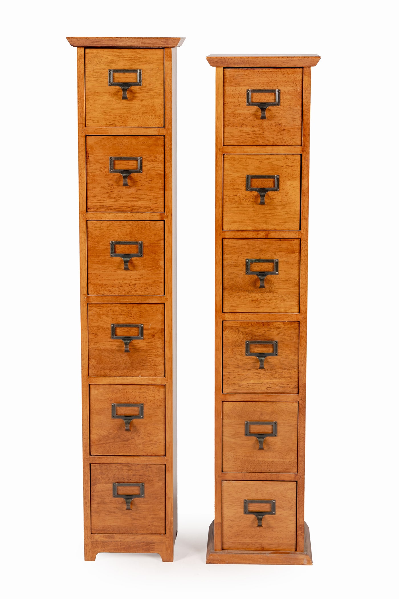 PAIR OF NARROW FILING CABINETS: PAIR OF NARROW FILING CABINETS Late 20th/early 21st century. Two (2) six-drawer filing cabinets. Internal drawer dimensions suitable for CD storage. Larger: 42 1/4 x 8 3/4 x 7 1/4 in. (107.3 x 22.2 x