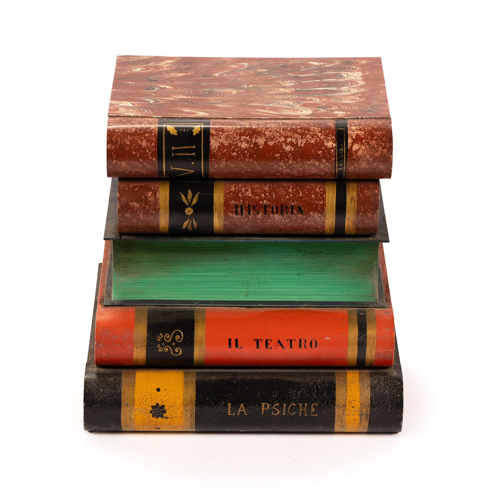 TOLEWARE BOOK FORM SIDE TABLE: TOLEWARE BOOK FORM SIDE TABLE Italian, 20th century. Painted metal lift-top side table in the form of stack of books. 18 x 16 x 18 in. (45.7 x 40.6 x 45.7 cm.)