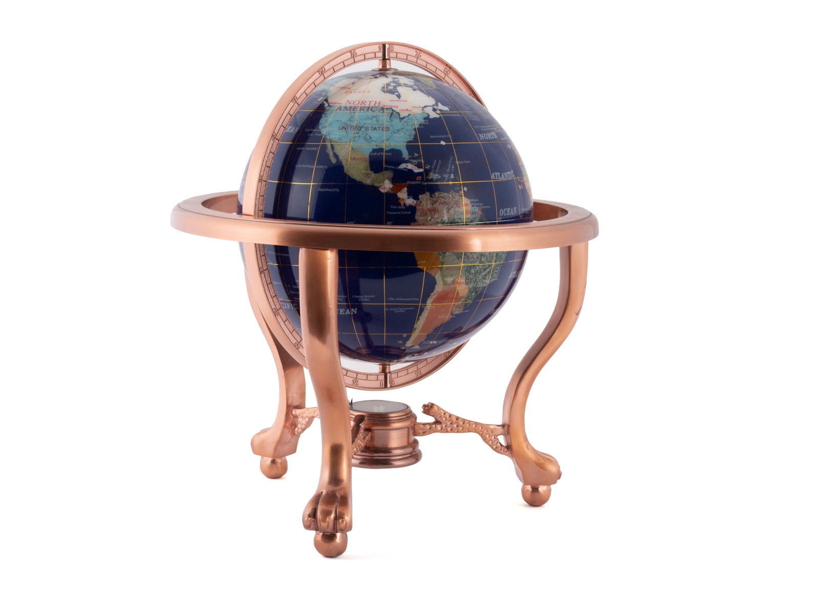 TABLETOP GEMSTONE GLOBE ON STAND: TABLETOP GEMSTONE GLOBE ON STAND 20th century. Nine-inch globe with compass below, shows a lapis ocean and other inlaid minerals, revolving on the copper tone tripod stand with animal form feet. 14