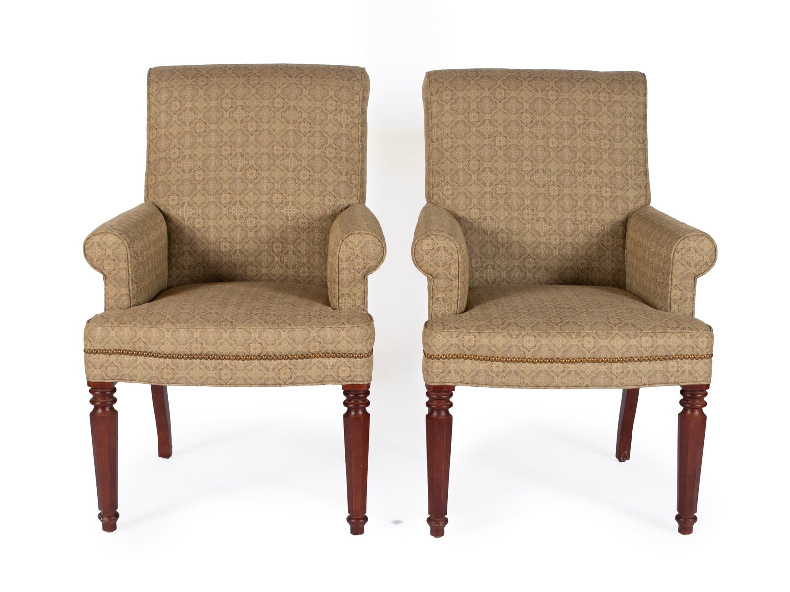 PAIR OF BAKER ARMCHAIRS: PAIR OF BAKER ARMCHAIRS American. Pair of upholstered armchairs from the Milling Road collection, labeled on underside. 39 x 24 x 21 1/2 in. (99.1 x 61 x 54.6 cm.)