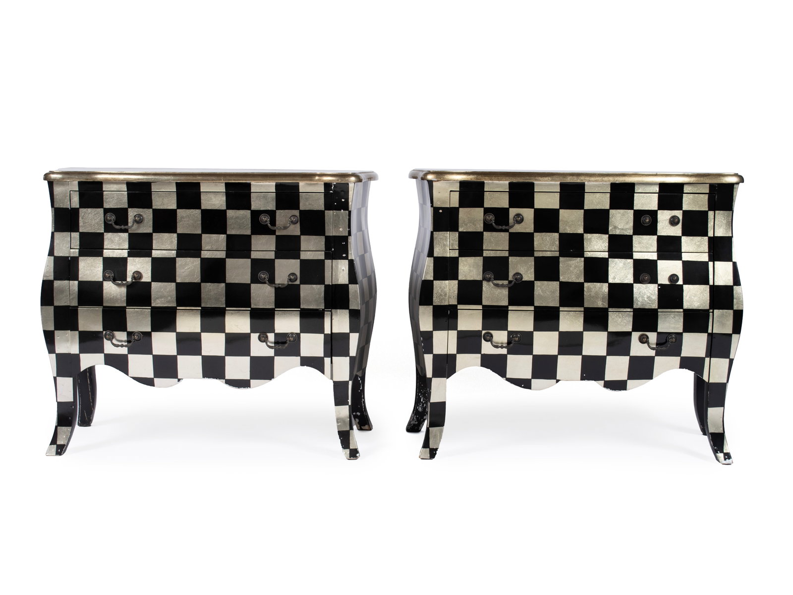 PAIR OF HARLEQUIN BOMBE CHESTS: PAIR OF HARLEQUIN BOMBE CHESTS Late 20th/early 21st century. Pair of Louis XV style three-drawer bombe commodes on cabriole legs painted in a black and gold harlequin pattern. 30 x 35 x 16 in. (76.2