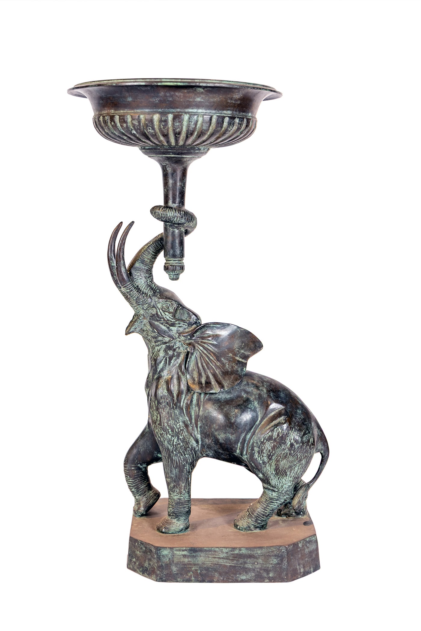 MAITLAND-SMITH BRONZE ELEPHANT PLANT STAND: MAITLAND-SMITH BRONZE ELEPHANT PLANT STAND 20th century. Elephant form standard holding an urn upright in the grip of its trunk, sticker to underside of base. 35 1/2 x 18 x 15 1/2 in. (90.2 x 45.7 x