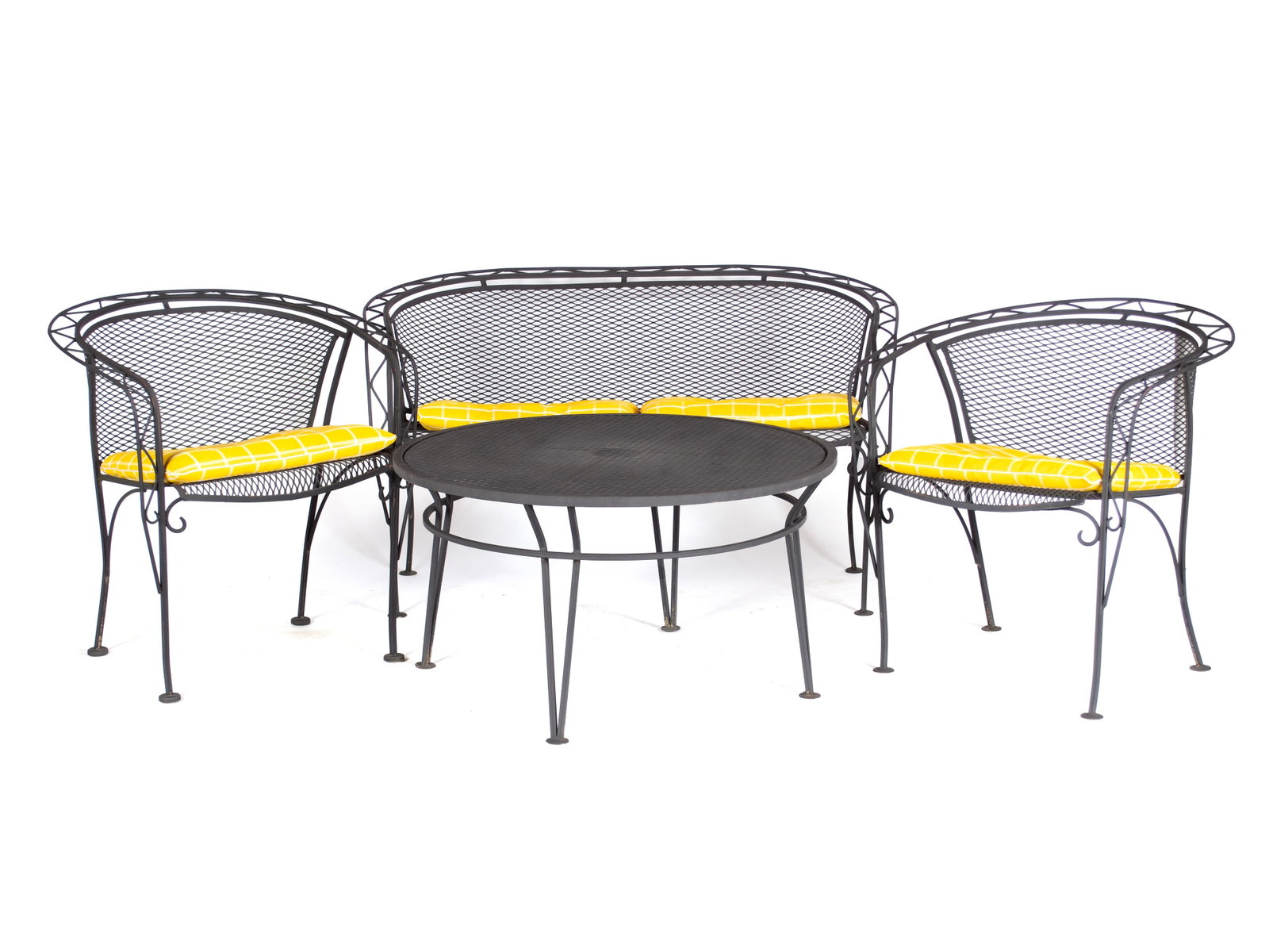 SALTERINI STYLE WROUGHT IRON LOVESEAT, CHAIRS AND COFFEE TABLE (1 of 7)