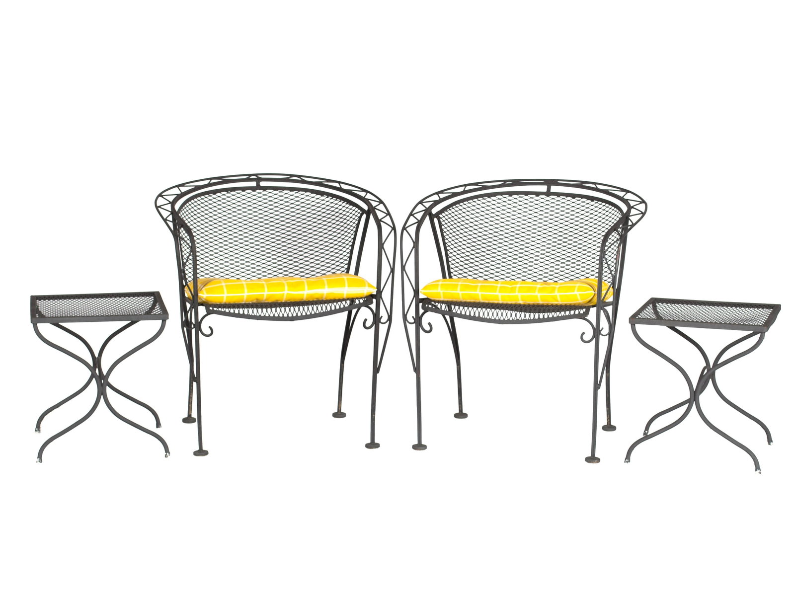 PAIR OF SALTERINI STYLE CHAIRS AND SIDE TABLES: PAIR OF SALTERINI STYLE CHAIRS AND SIDE TABLES American, mid 20th century. Pair of barrel chairs with zig zag pattern backrests and pair of side tables with x-form supports. Chairs: 27 x 27 x 25 in.