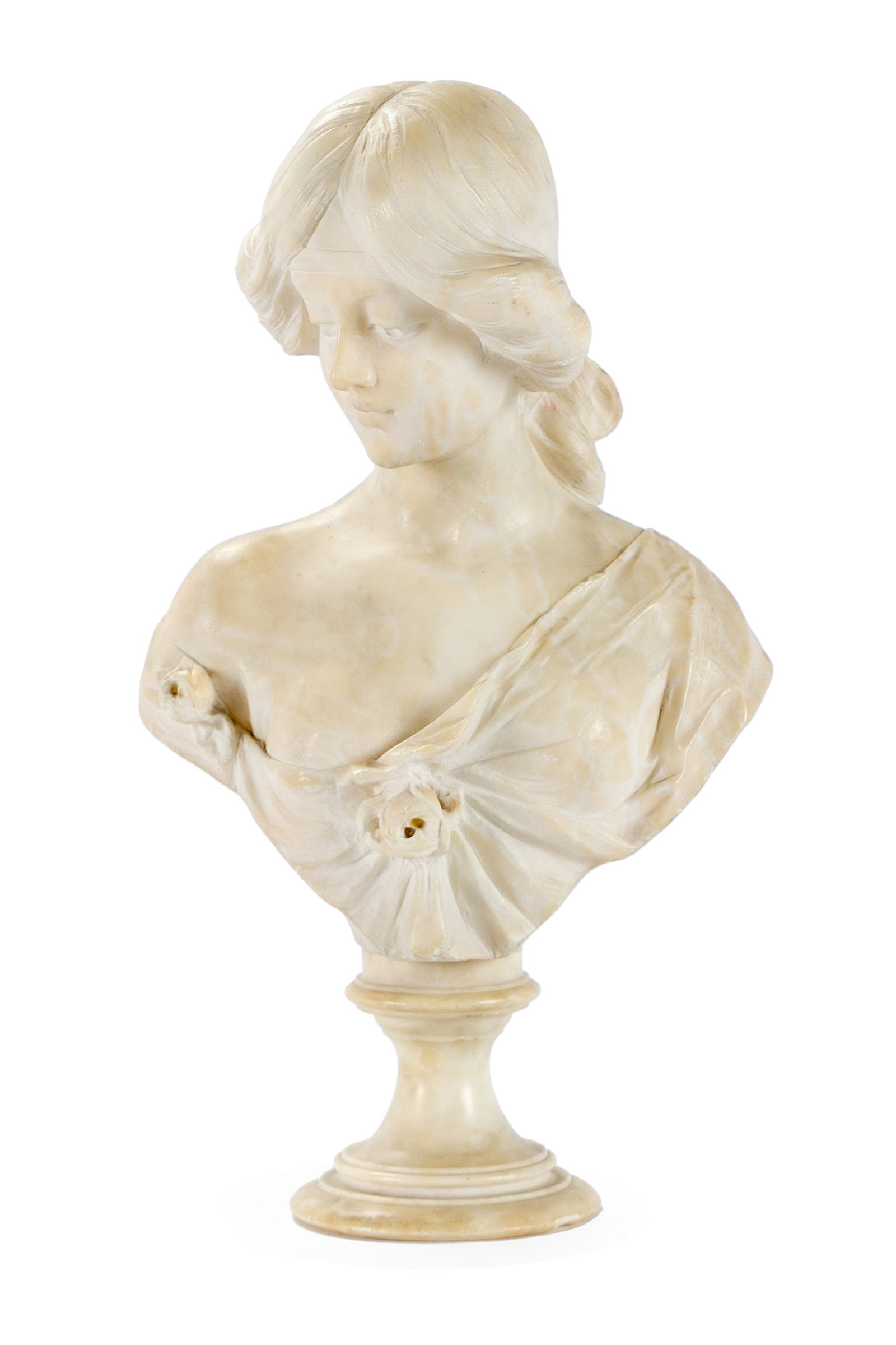 ADOLFO CIPRIANI ALABASTER BUST: ADOLFO CIPRIANI ALABASTER BUST 20th century. Carved bust of a young woman, signed on back. 17 x 6 1/2 x 9 in. (43.2 x 16.5 x 22.9 cm.)