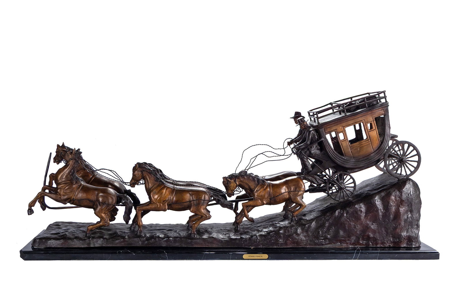 'STAGECOACH' AFTER CHARLES MARION RUSSELL: 'STAGECOACH' AFTER CHARLES MARION RUSSELL Late 20th century, bronze, signed "CM Russell" to the back of the stagecoach. Showing a team of six horses pulling a stagecoach down a bank with two riders