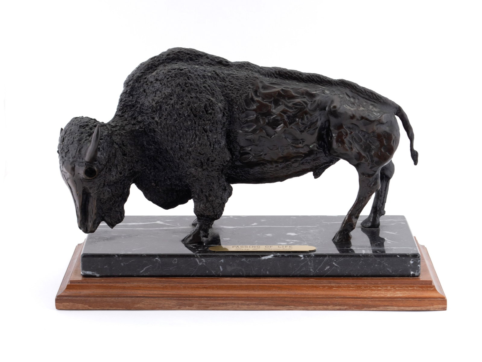 GARY L. CAMPBELL (AMERICAN, 20TH C.): Gary L. Campbell American, 20th c. Passing of Life Bronze Titled, numbered 4/50 and signed, all in the cast. Full figure of a standing buffalo, on marble base, then mounted on a wooden base. Bronze: