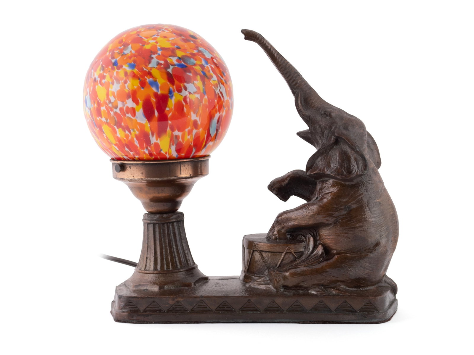 ART DECO ELEPHANT BOUDOIR LAMP: ART DECO ELEPHANT BOUDOIR LAMP American, circa 1920s, "No. 186" in the cast. Seated elephant with his trunk held high, beating a drum that rests between his legs, light fixture in front with a later