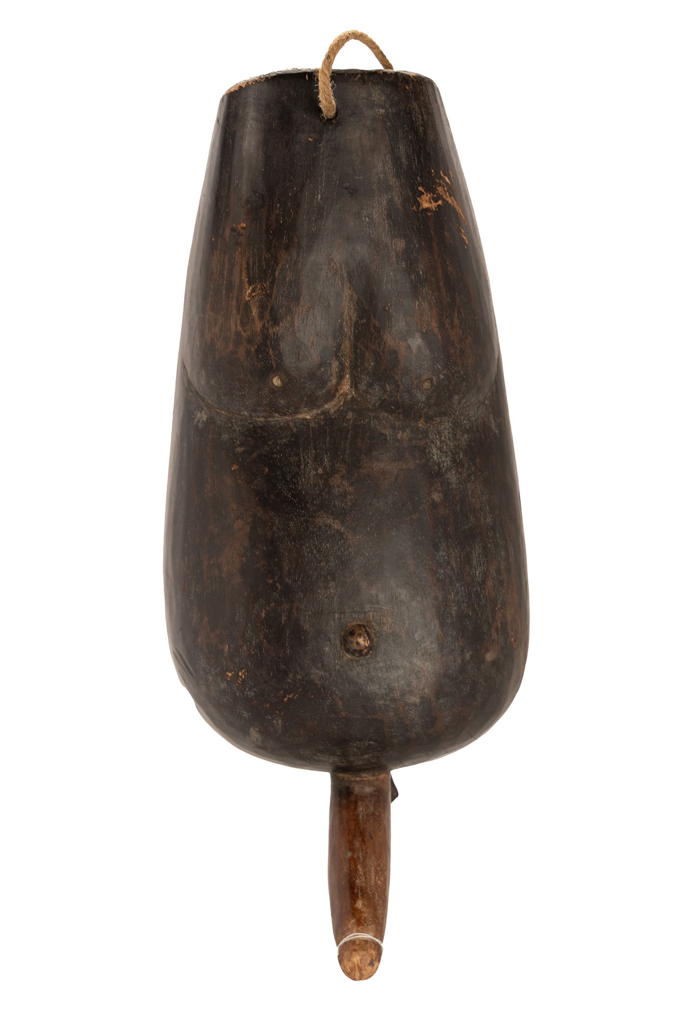MAKONDE BELLY MASK (NJOROWE): MAKONDE BELLY MASK (NJOROWE) Tanzania or Mozambique, 20th century, fertility mask representing a female torso with phallus. 6 1/2 x 8 3/4 x 19 1/2 in. (16.5 x 22.2 x 49.5 cm.)