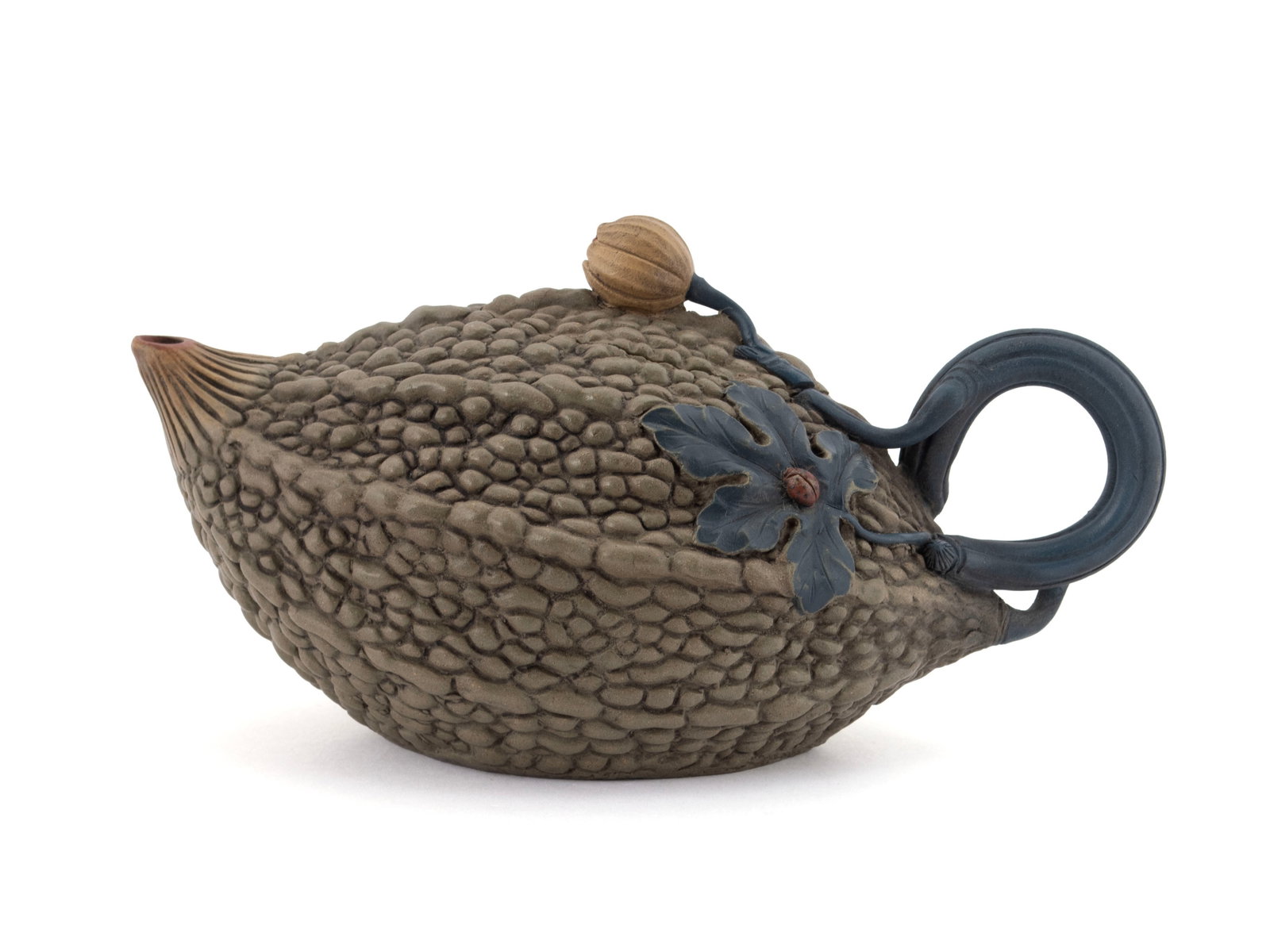 YIXING BITTER MELON TEAPOT: YIXING BITTER MELON TEAPOT 20th century. Melon form teapot with stalk handle and bud form finial, impressed mark to underside. 3 1/2 x 4 x 8 in. (8.9 x 10.2 x 20.3 cm.)