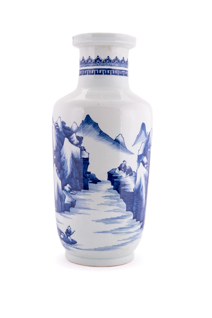CHINESE BLUE AND WHITE PORCELAIN VASE: CHINESE BLUE AND WHITE PORCELAIN VASE 20th century. Ming style mountain landscape vase, six-character Kangxi mark underfoot. 18 x 8 in. (45.7 x 20.3 cm.)