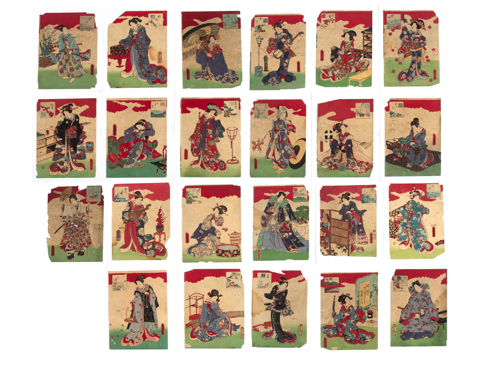 UTAGAWA KUNISADA (TOYOKUNI III) (JAPANESE, 1786-1865): Utagawa Kunisada (Toyokuni III) Japanese, 1786-1865 Tale of Genji Ukiyo-e woodblocks 19th century, set of twenty-three (23) woodblock prints, scenes of the parody of the Tale of Genji. Each approx: 9