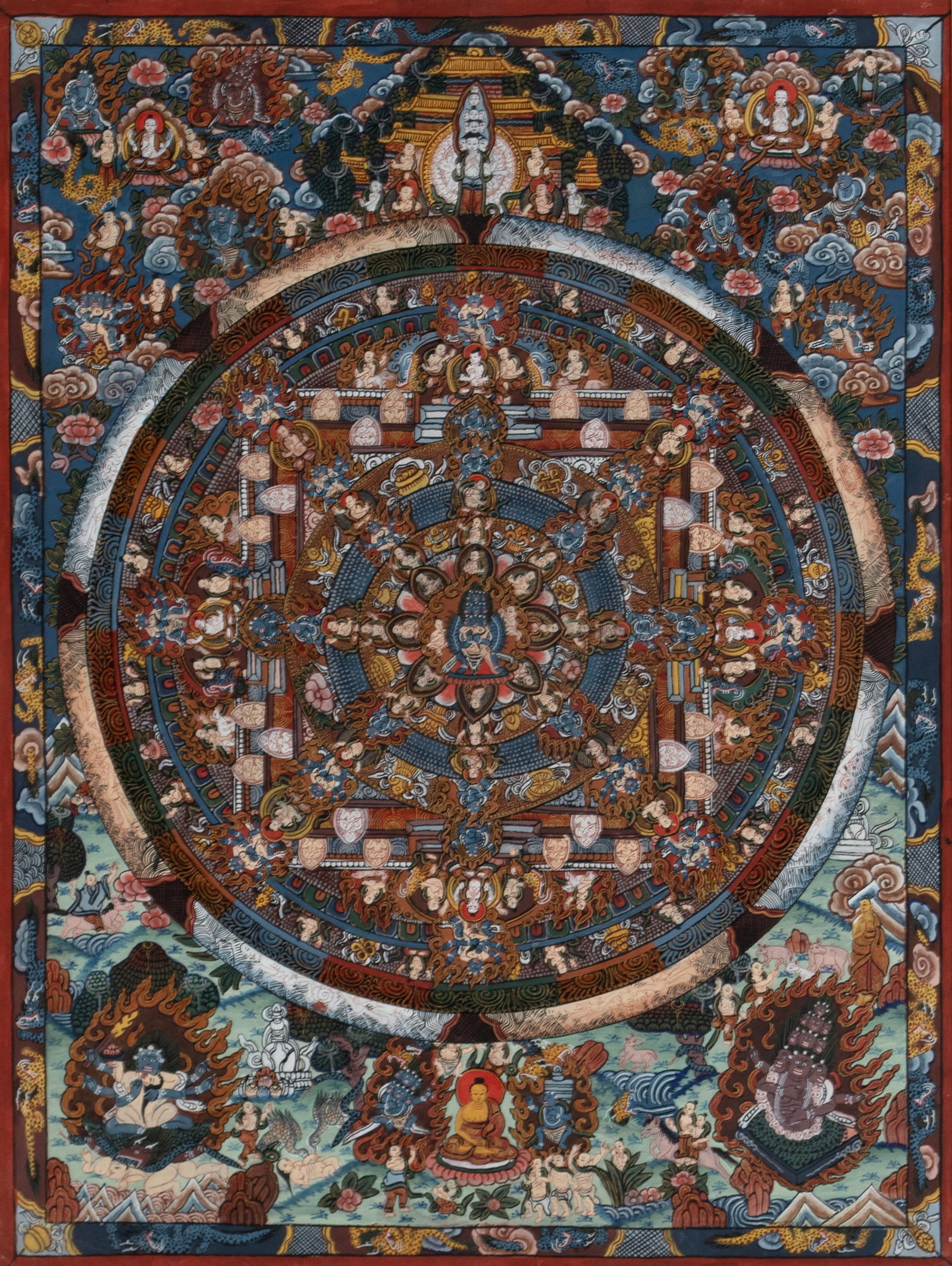 TIBETAN PAINTED THANGKA: TIBETAN PAINTED THANGKA 20th century. Hand-painted intricate mandala thangka, matted and framed. Image: 15 3/4 x 11 3/4 in. (40 x 29.8 cm.), Frame: 22 1/2 x 18 1/2 in. (57.2 x 47 cm.) The Collection o