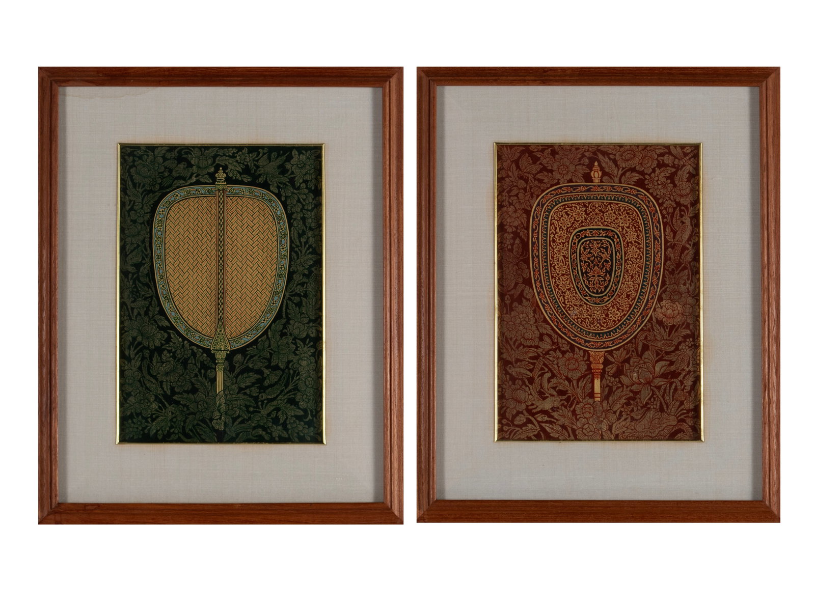 PAIR OF DECORATIVE FAN PAINTINGS: PAIR OF DECORATIVE FAN PAINTINGS Southeast Asian, 20th century. Two (2) paintings of hand fans on floral backgrounds, matted and framed. 11 1/2 x 8 1/2 in. (29.2 x 21.6 cm.), Frame: 17 1/2 x 14 in.