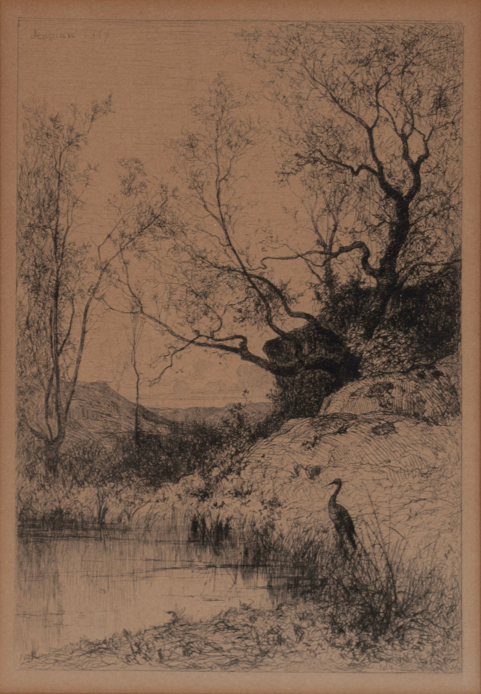 ADOLPHE APPIAN (FRENCH, 1819-1898): Adolphe Appian French, 1819-1898 Une Mare Etching Signed and dated 1867 in plate upper left. Landscape with heron near a pond, matted and framed with Albert Roullier Art Gallery label to verso.