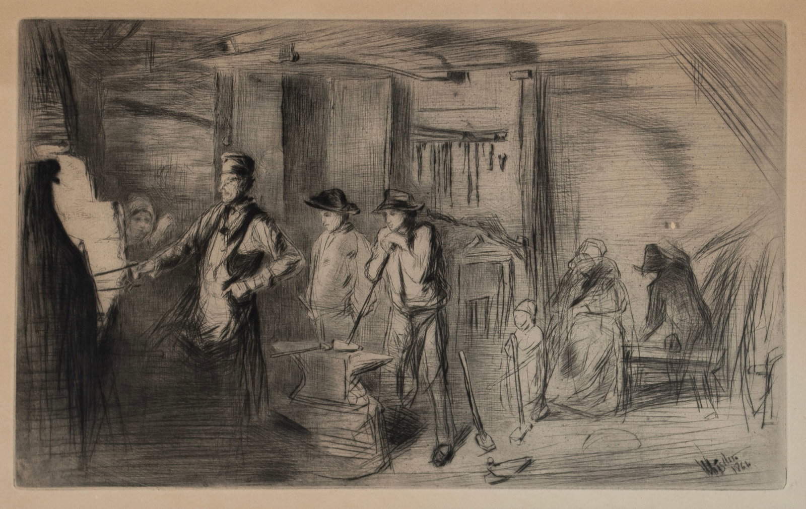 JAMES WHISTLER (AMERICAN, 1834-1903): James Whistler American, 1834-1903 The Forge Etching Signed and dated 1866 in plate. Group of workers at a forge, matted and framed. Image: 8 1/4 x 13 in. (21 x 33 cm.), Frame: 15 x 20 in. (38.1 x