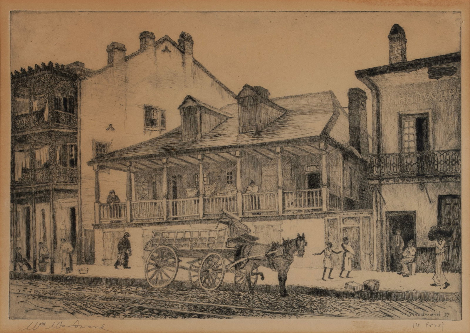 WILLIAM WOODWARD (AMERICAN, 1859-1939): William Woodward American, 1859-1939 Madame John's Legacy Etching Signed in pencil lower left and noted '1st Proof' lower right, also signed and dated 37 in plate. New Orleans street scene, matted