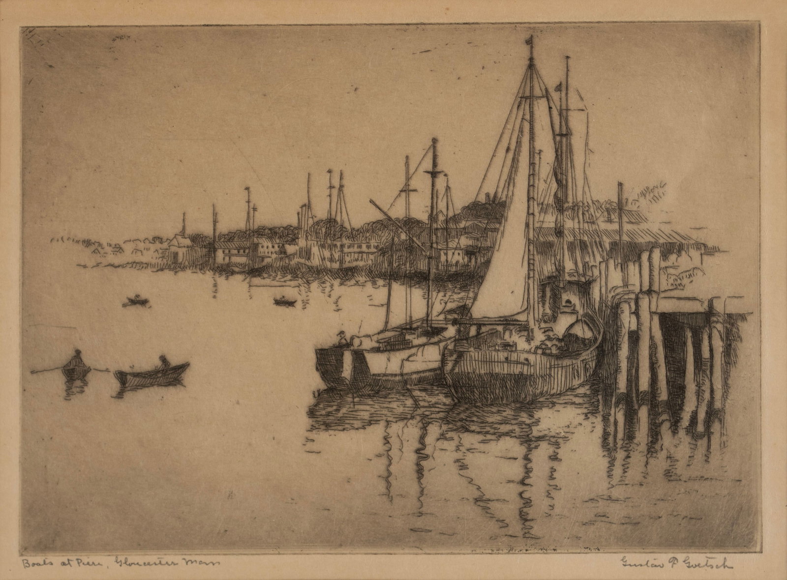 GUSTAV GOETSCH (AMERICAN (MISSOURI), 1877-1969): Gustav Goetsch American (Missouri), 1877-1969 Boats at Pier Etching Signed and titled in pencil to lower margin. Matted and framed 5 1/2 x 7 1/2 in. (14 x 19.1 cm.), Frame: 11 3/4 x 13 3/4 in. (29.8