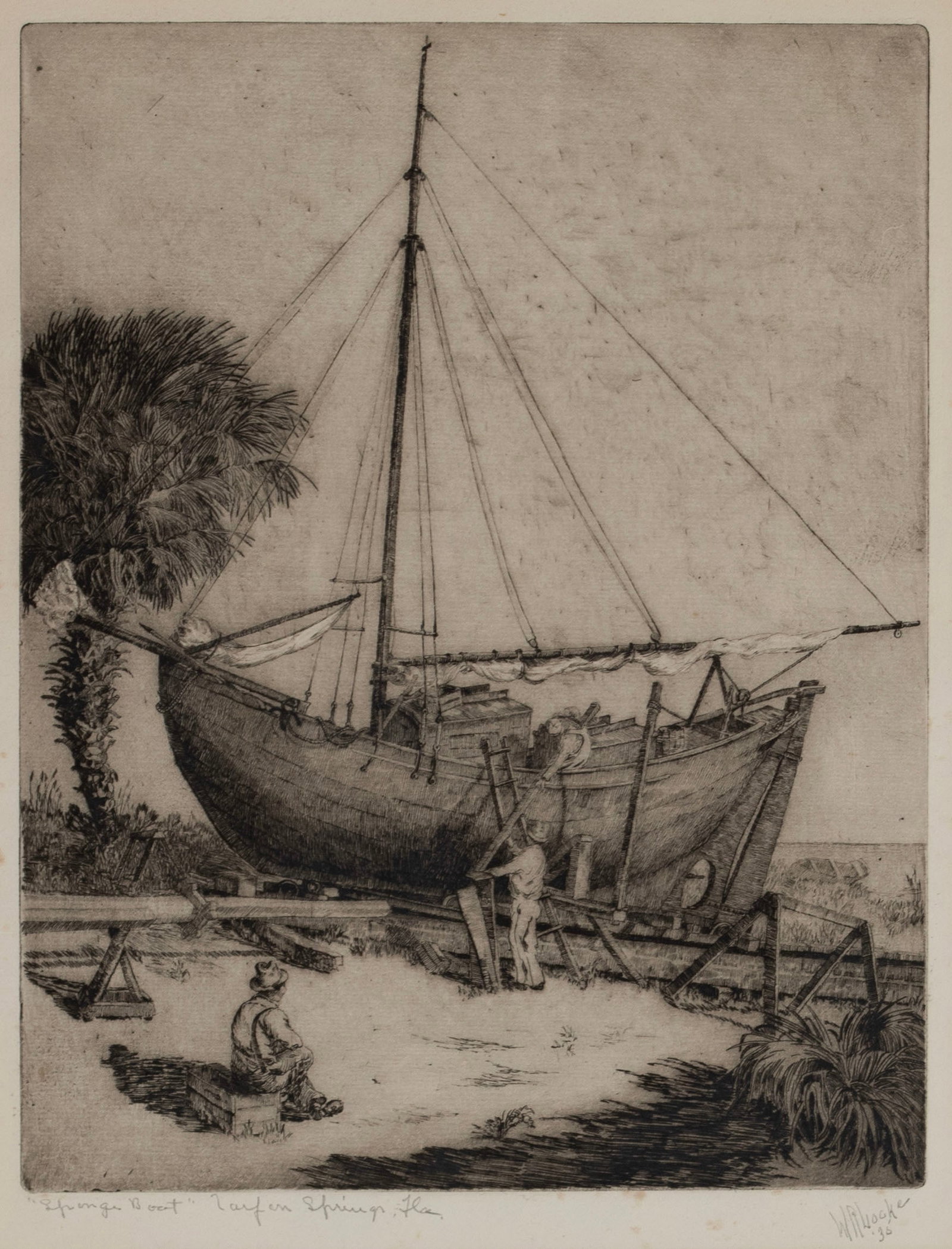 WALTER RONALD LOCKE (AMERICAN, 1883-1949): Walter Ronald Locke American, 1883-1949 Sponge Boat Etching Signed and dated '35 in pencil lower right, titled with 'Tarpon Springs, Fla.' lower left. Men working on a boat, matted and framed. Image: