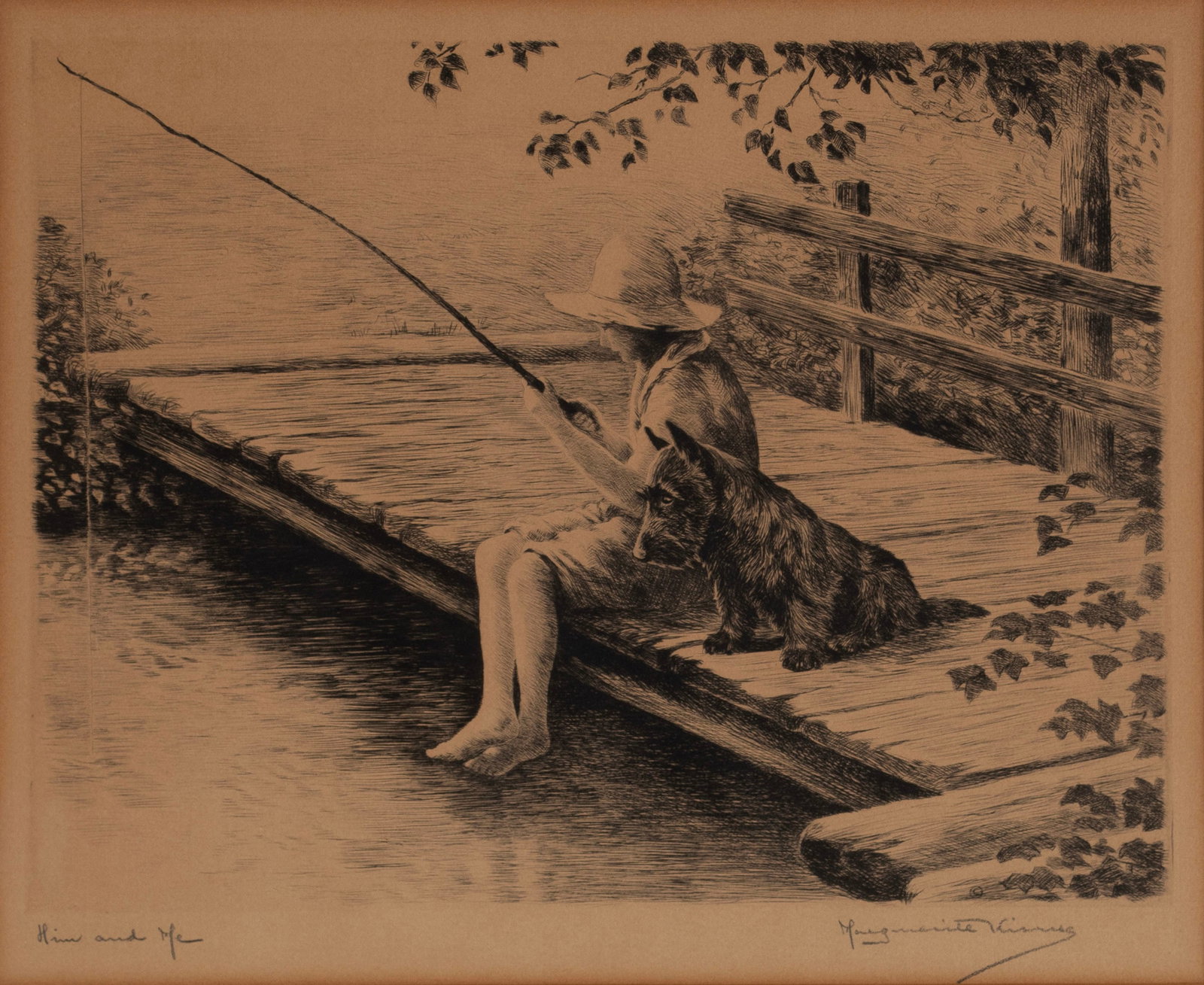 MARGUERITE KIRMSE (BRITISH-AMERICAN, 1885-1954): Marguerite Kirmse British-American, 1885-1954 Him and Me Etching Signed in pencil lower right and titled lower left. Girl and her dog on a dock, matted and framed with Albert Roullier Art Gallery