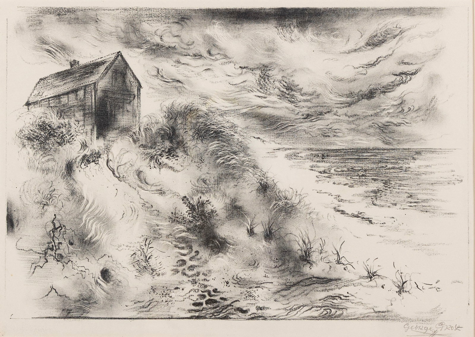 GEORGE E. GROSZ (GERMAN, 1893-1959): George E. Grosz German, 1893-1959 Storm Clouds, Cape Cod Lithograph Signed in pencil lower right. Stormy coastal landscape, matted and framed with Print Club of Cleveland, Ohio label to verso. Sight: