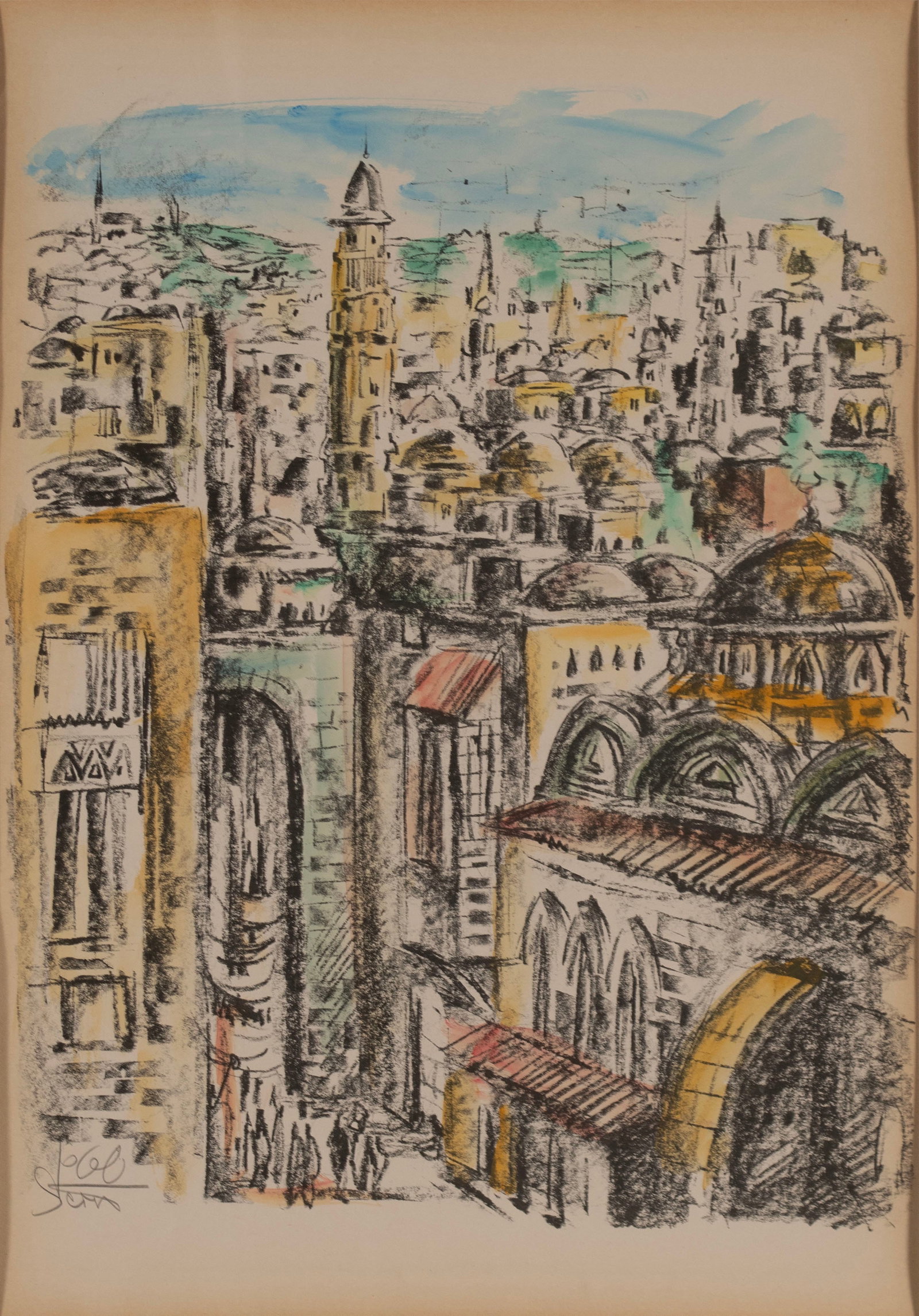 COLOR LITHOGRAPH OF A MIDDLE EASTERN CITY: COLOR LITHOGRAPH OF A MIDDLE EASTERN CITY Signed illegibly lower left. Matted and framed. Sight: 19 x 13 1/2 in. (48.3 x 34.3 cm.), Frame: 32 x 25 1/2 in. (81.3 x 64.8 cm.)