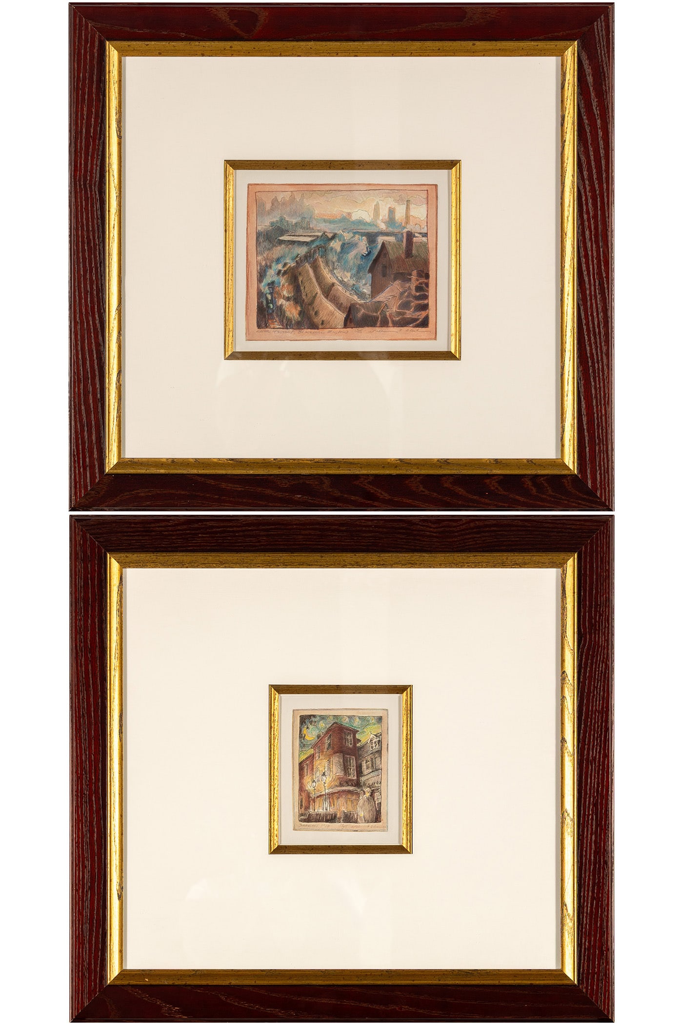 TWO COLOR ETCHINGS OF ENGLAND: TWO COLOR ETCHINGS OF ENGLAND One (1) titled 'Color Factory, Blackpool, England' and numbered 10/55, and the other titled 'Smallest Pub' and numbered 10/55, both signed. Matted and framed. Larger: 7
